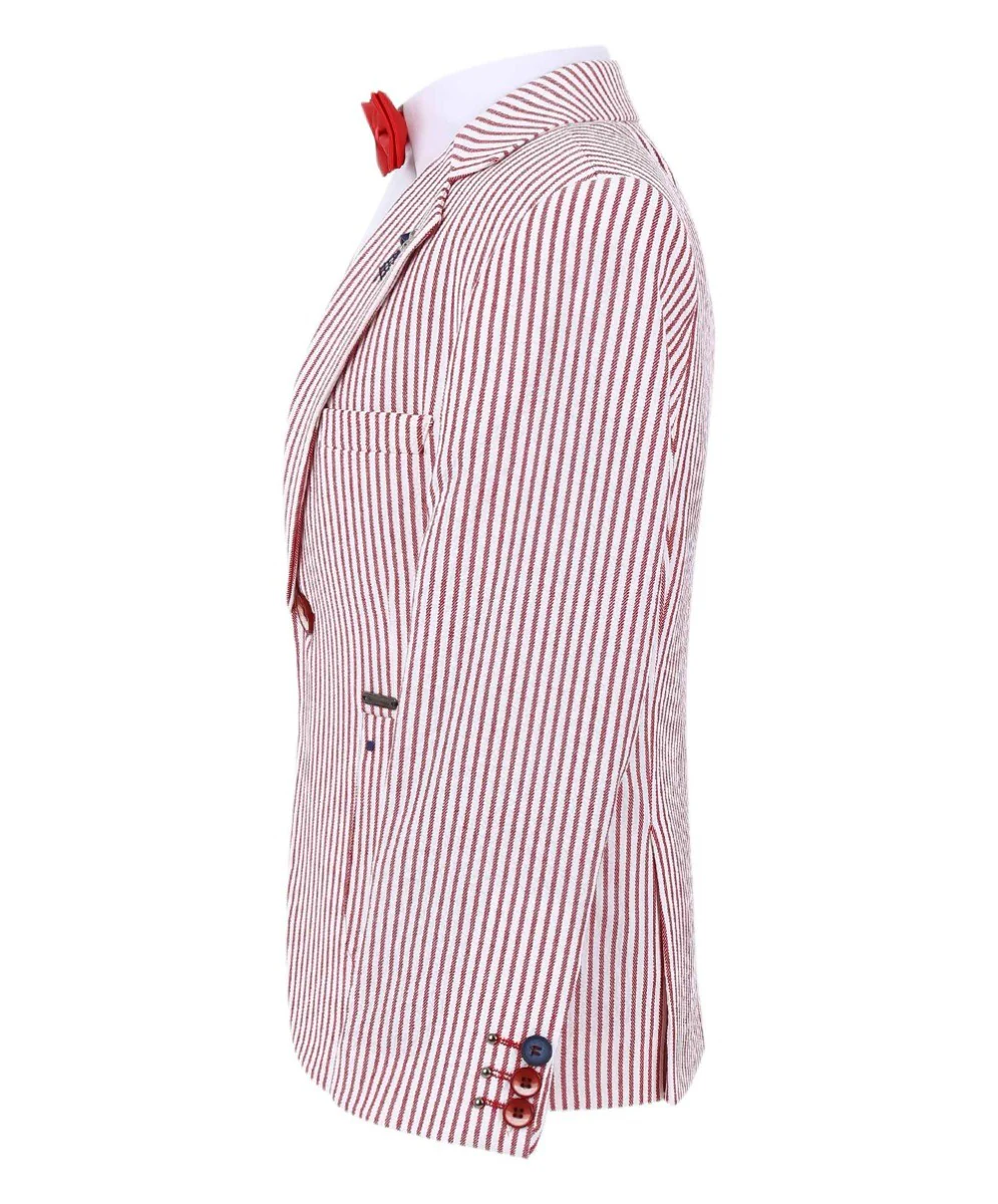 Boys Slim Fit Pinstripe Boating Blazer - Red - Image 2