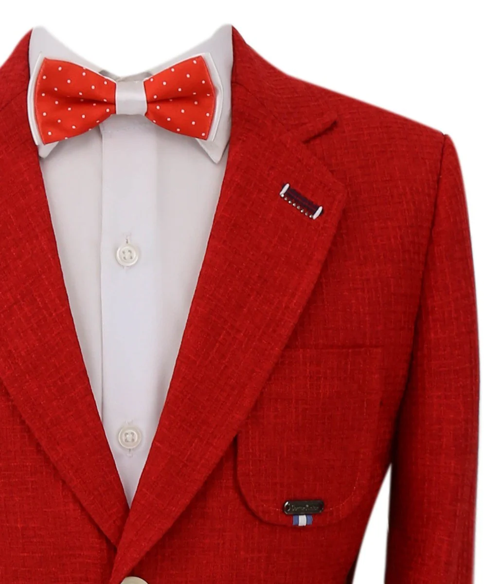 Boys Twill Single Breasted Slim Fit Blazer - TERRY - Red - Image 3