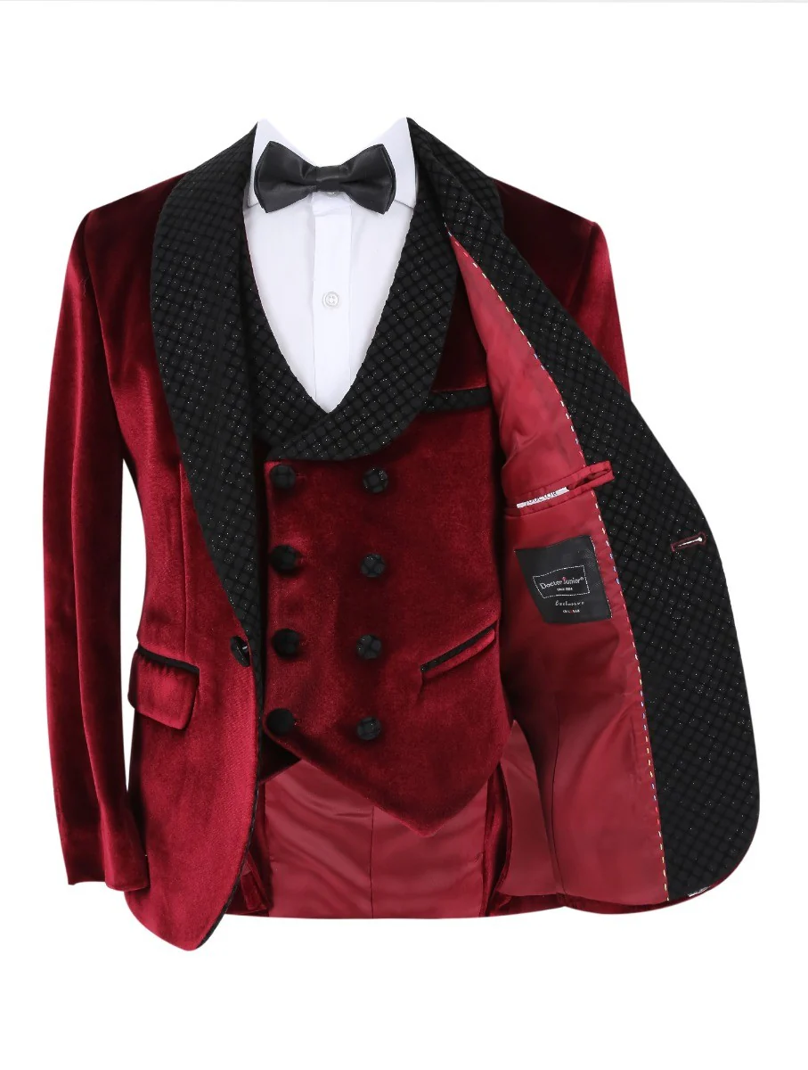 Boys Velvet Slim Fit Tuxedo Dinner Suit - Burgundy - Image 8