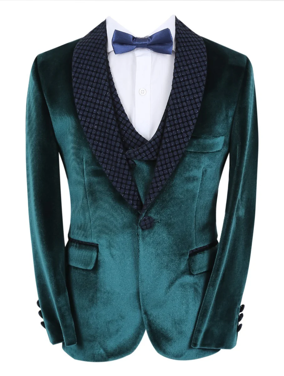 Boys Velvet Slim Fit Tuxedo Dinner Suit - Dark Green - Image 2