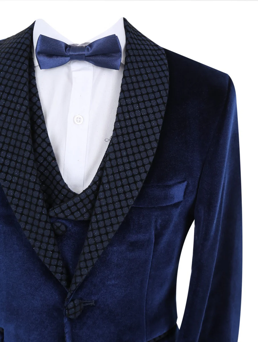Boys Velvet Slim Fit Tuxedo Dinner Suit - Navy Blue - Image 3