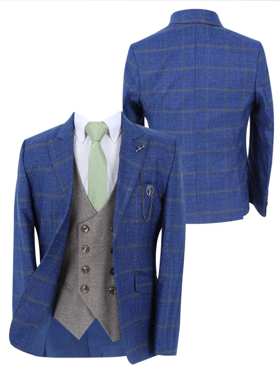 Boys Windowpane Check Slim Fit Suit Set - Blue - Image 2
