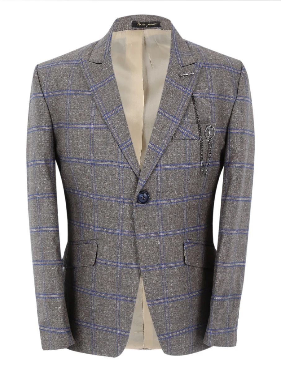 Boys Windowpane Check Slim Fit Suit Set - Light Brown - Image 3