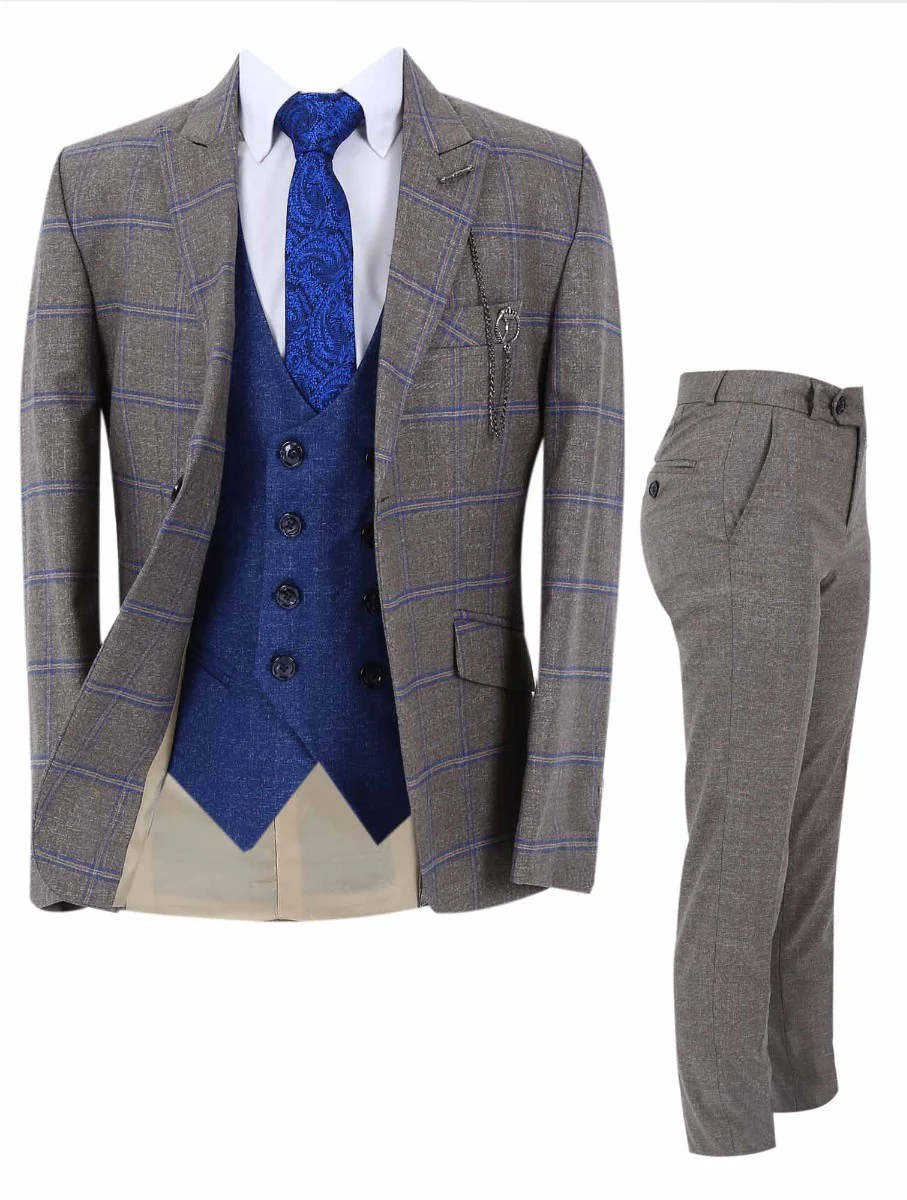 Boys Windowpane Check Slim Fit Suit Set - Light Brown - Image 4