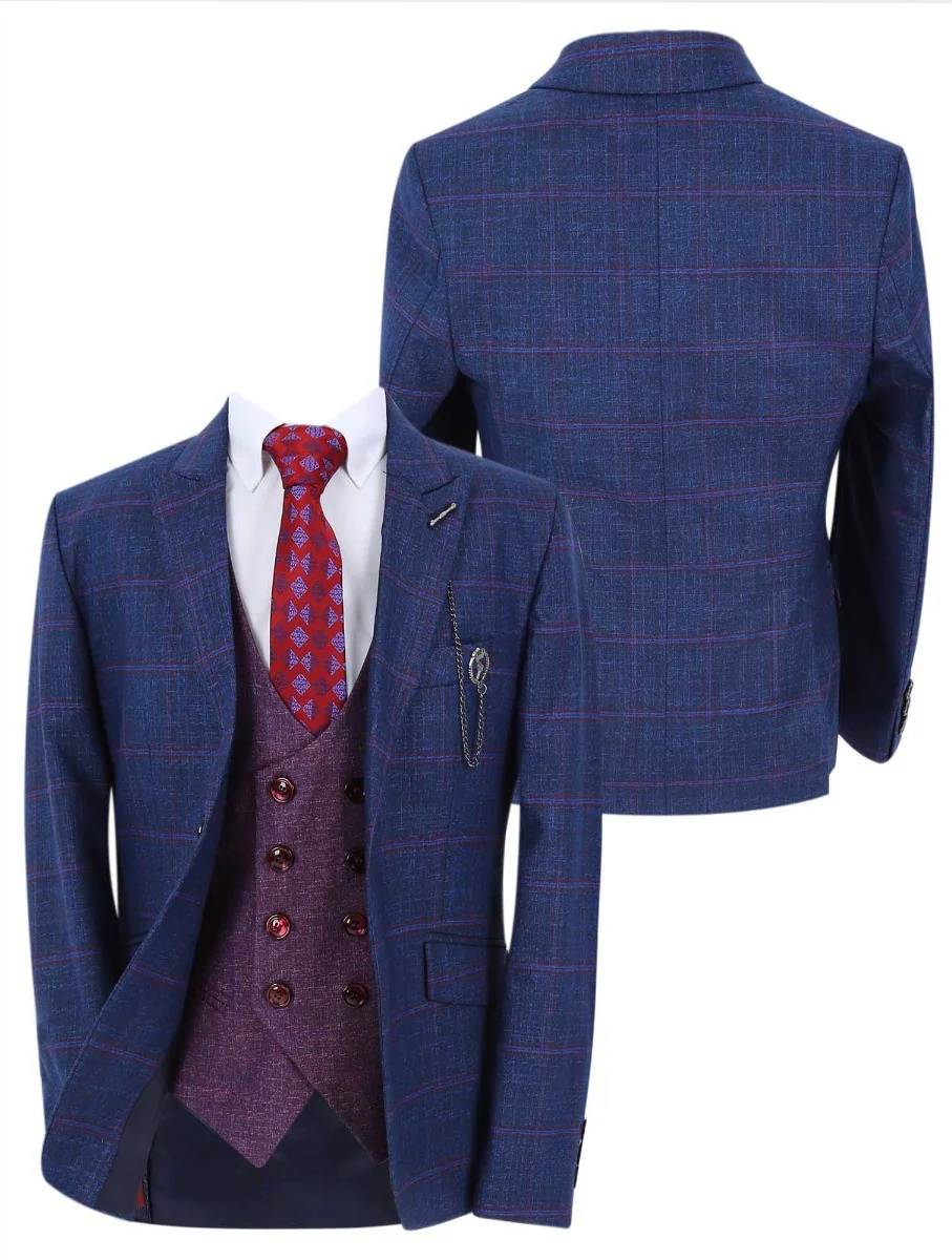 Boys Windowpane Check Slim Fit Suit Set - Navy Blue - Image 2