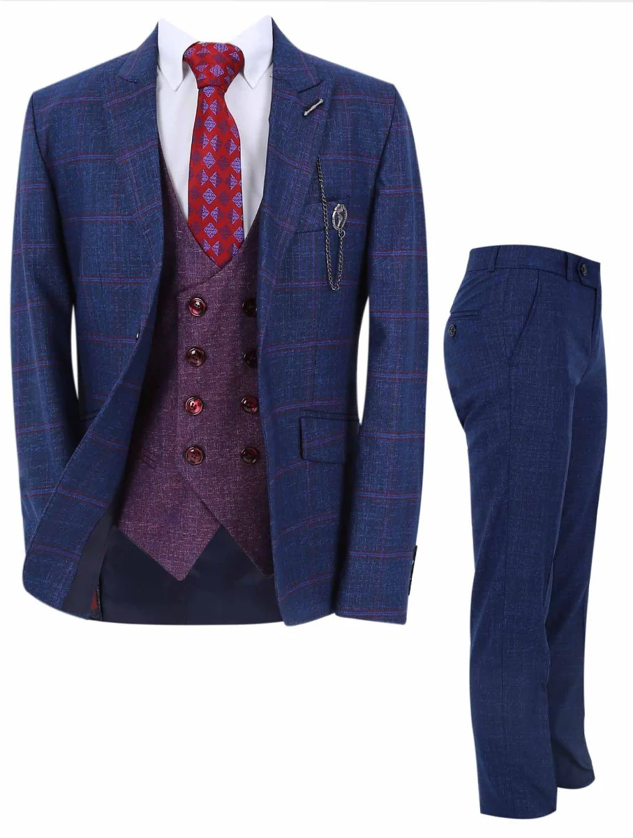 Boys Windowpane Check Slim Fit Suit Set - Navy Blue - Image 4