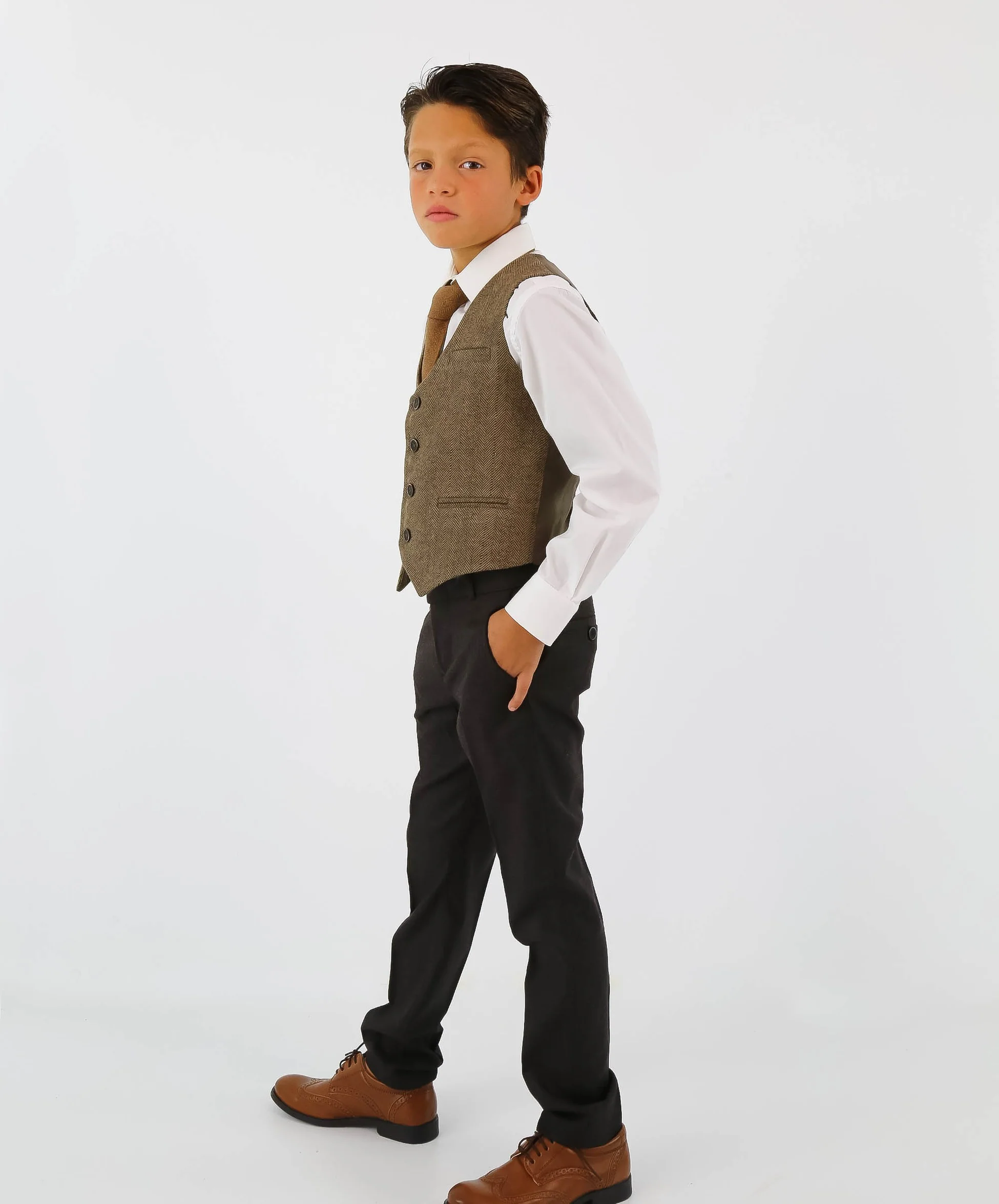 Boys Herringbone Tweed Waistcoat Suit - Brown - Image 3