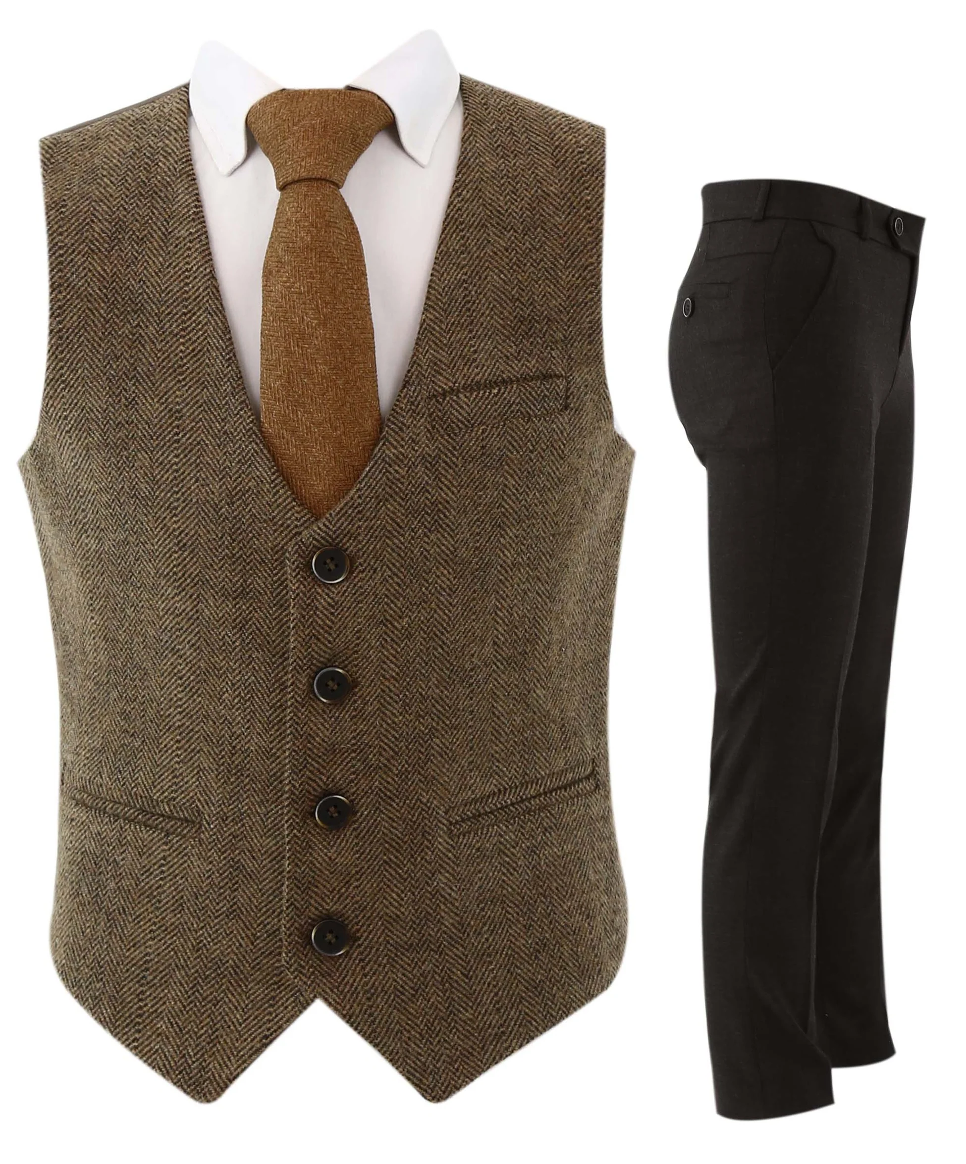Boys Herringbone Tweed Waistcoat Suit - Brown - Image 4