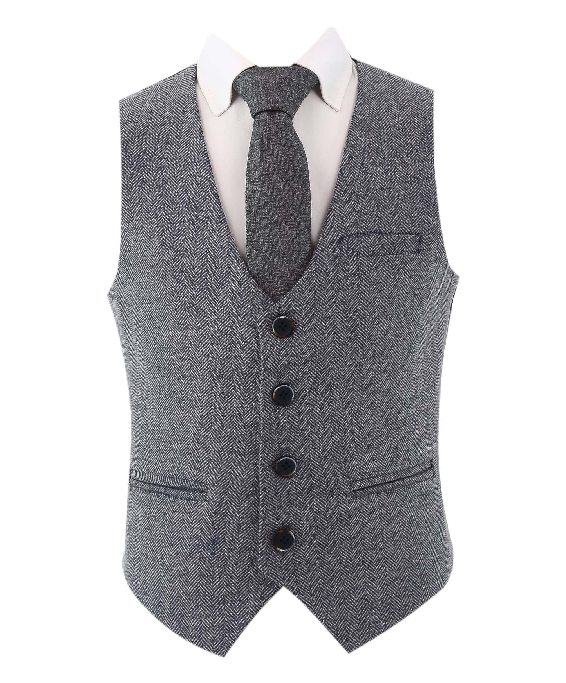 Boys Herringbone Tweed Waistcoat Suit - Grey