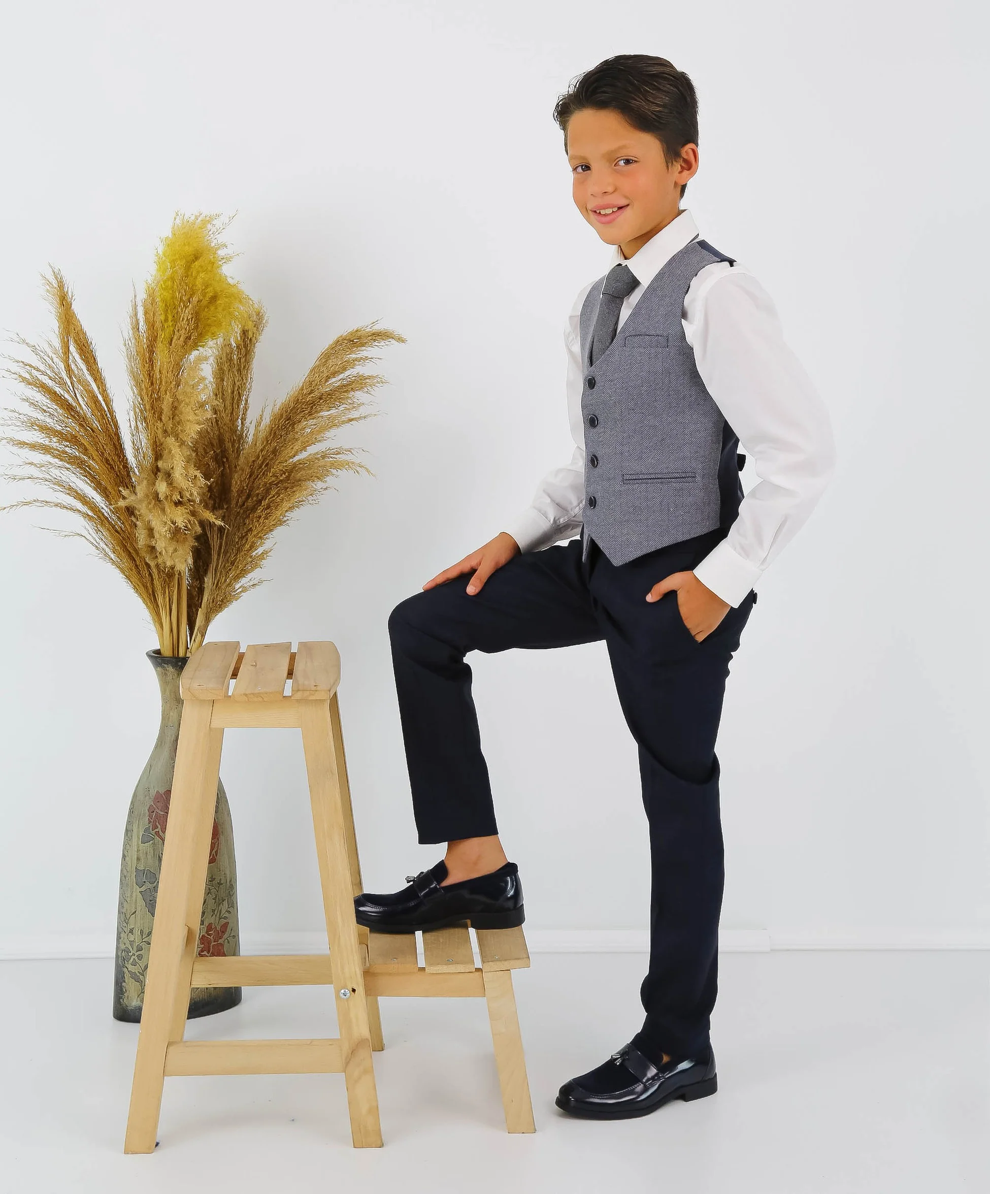 Boys Herringbone Tweed Waistcoat Suit - Grey - Image 2