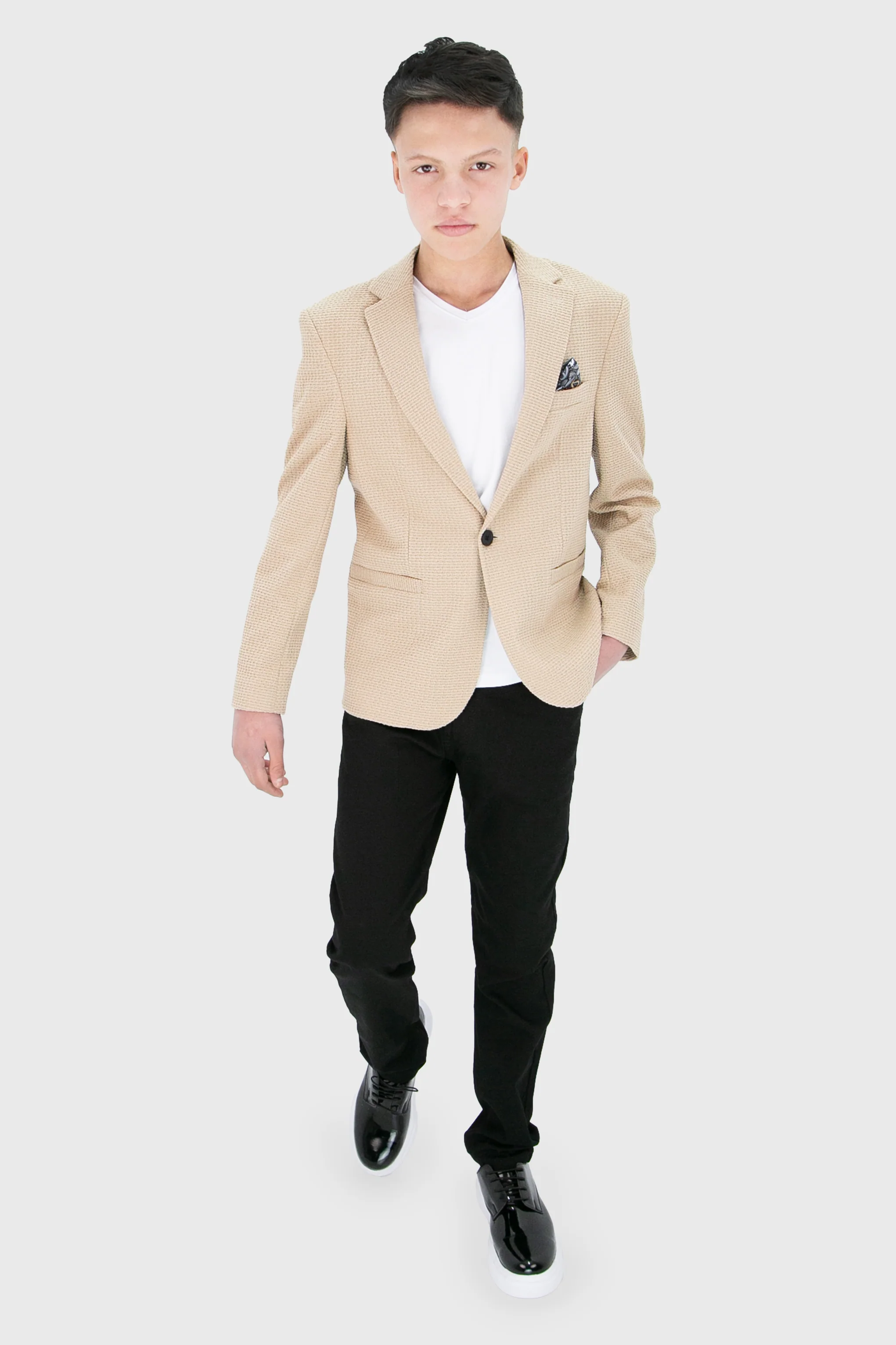 Boys’ 2-Piece Piqué Weave Textured Suit - Rodrigo - Beige - Image 2