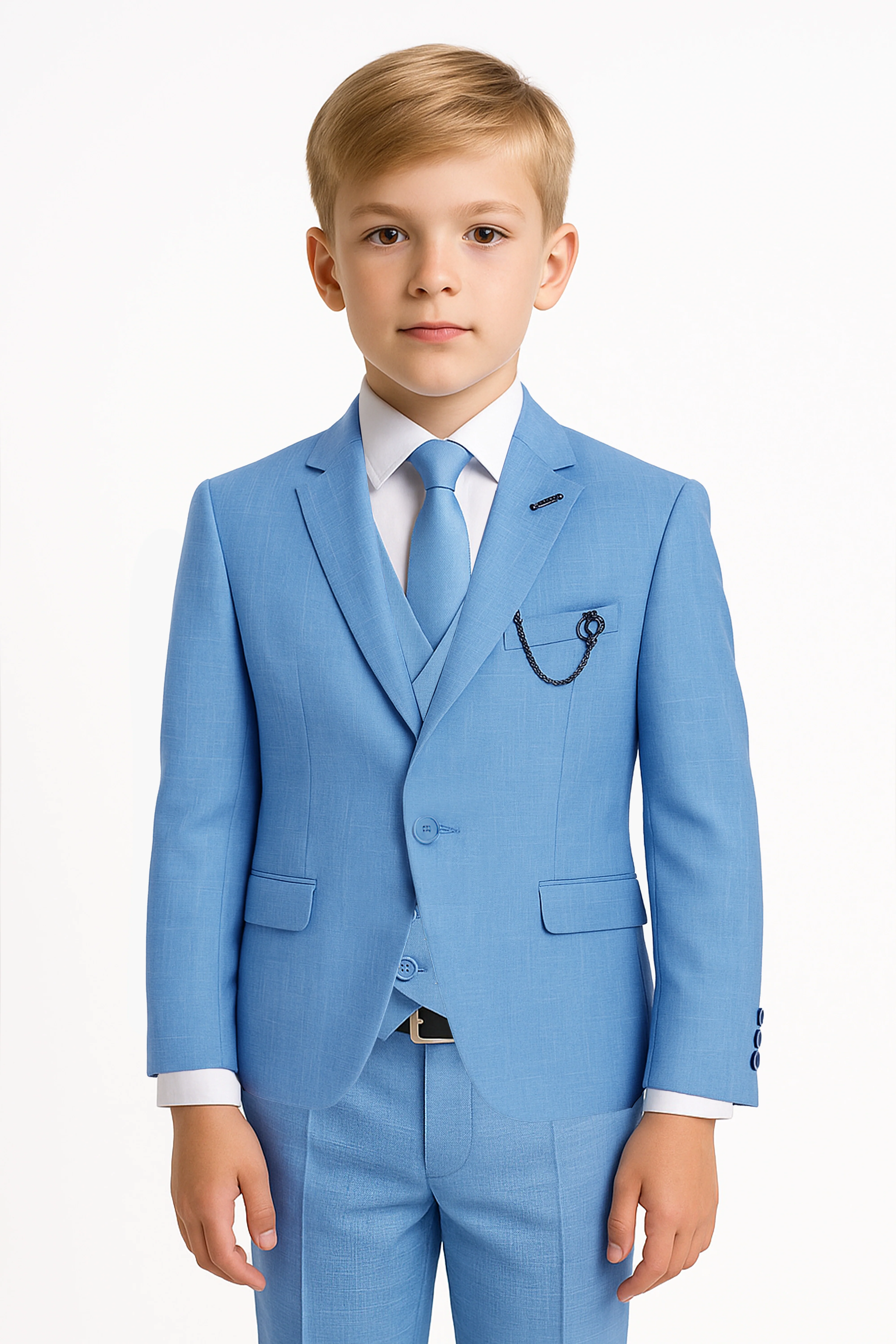 Boys’ 3-Piece Blue Textured Suit with Double Breasted Waistcoat
