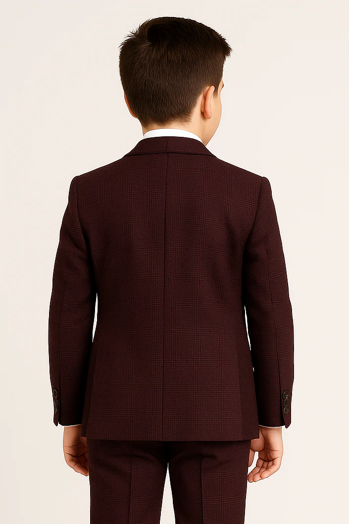 Boys 3-Piece Glen Check Tweed Formal Suit - Regent - Wine Burgundy - Image 2