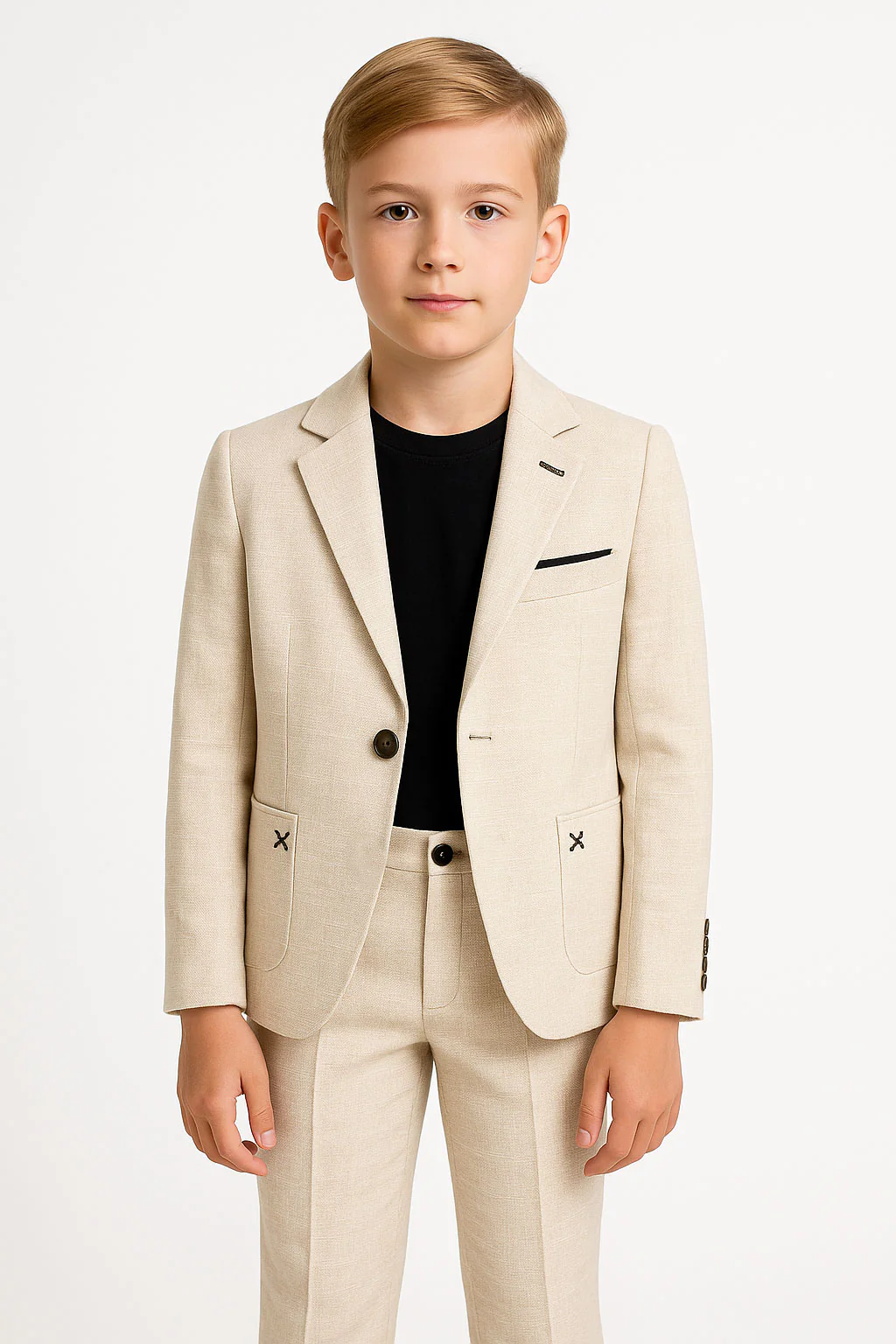 Boys 3-Piece Linen Casual Suit with T-Shirt - Keten - Cream