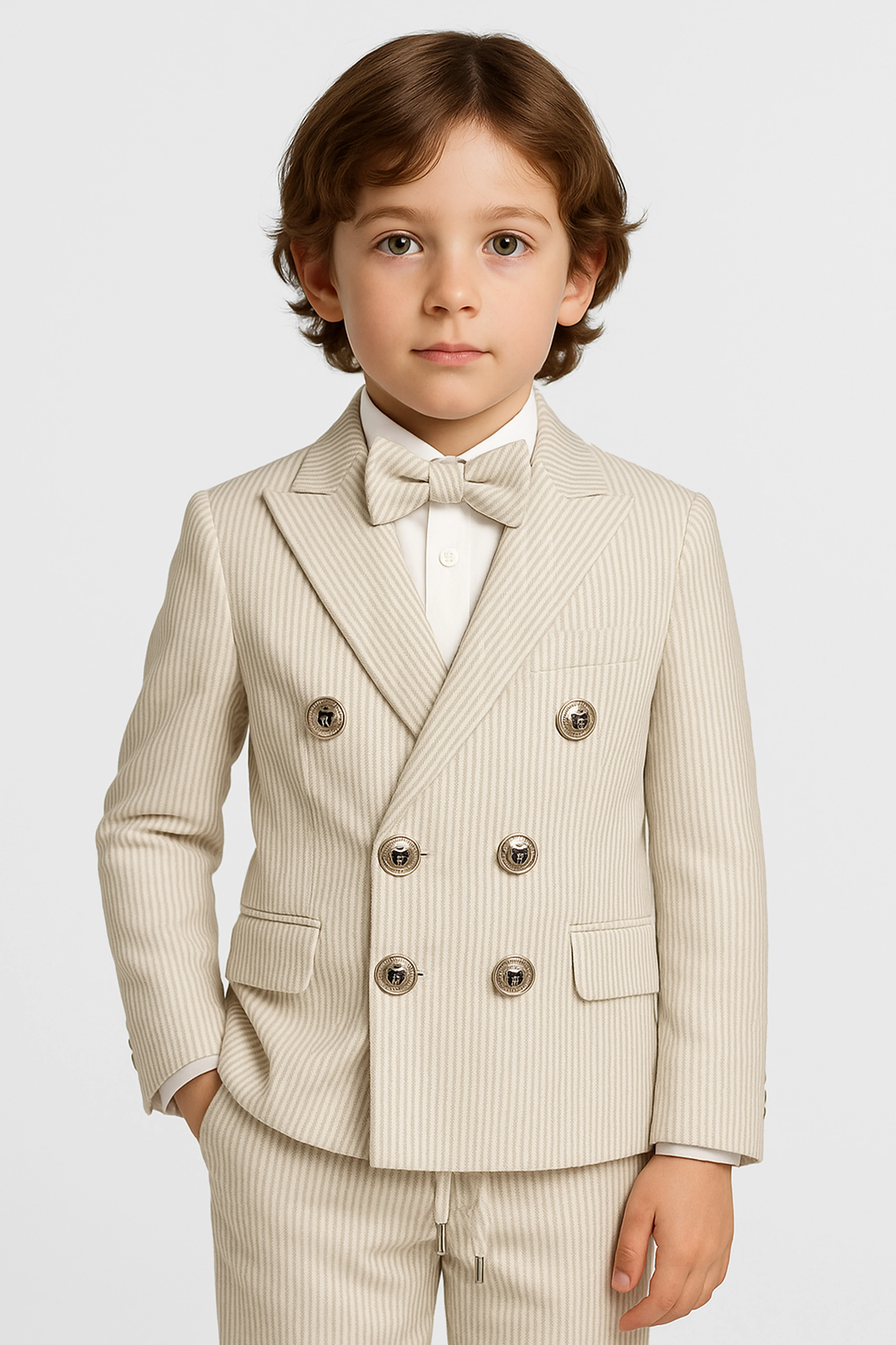 Boys’ 3-Piece Pinstripe Double-Breasted Suit - Ivory & Mocha