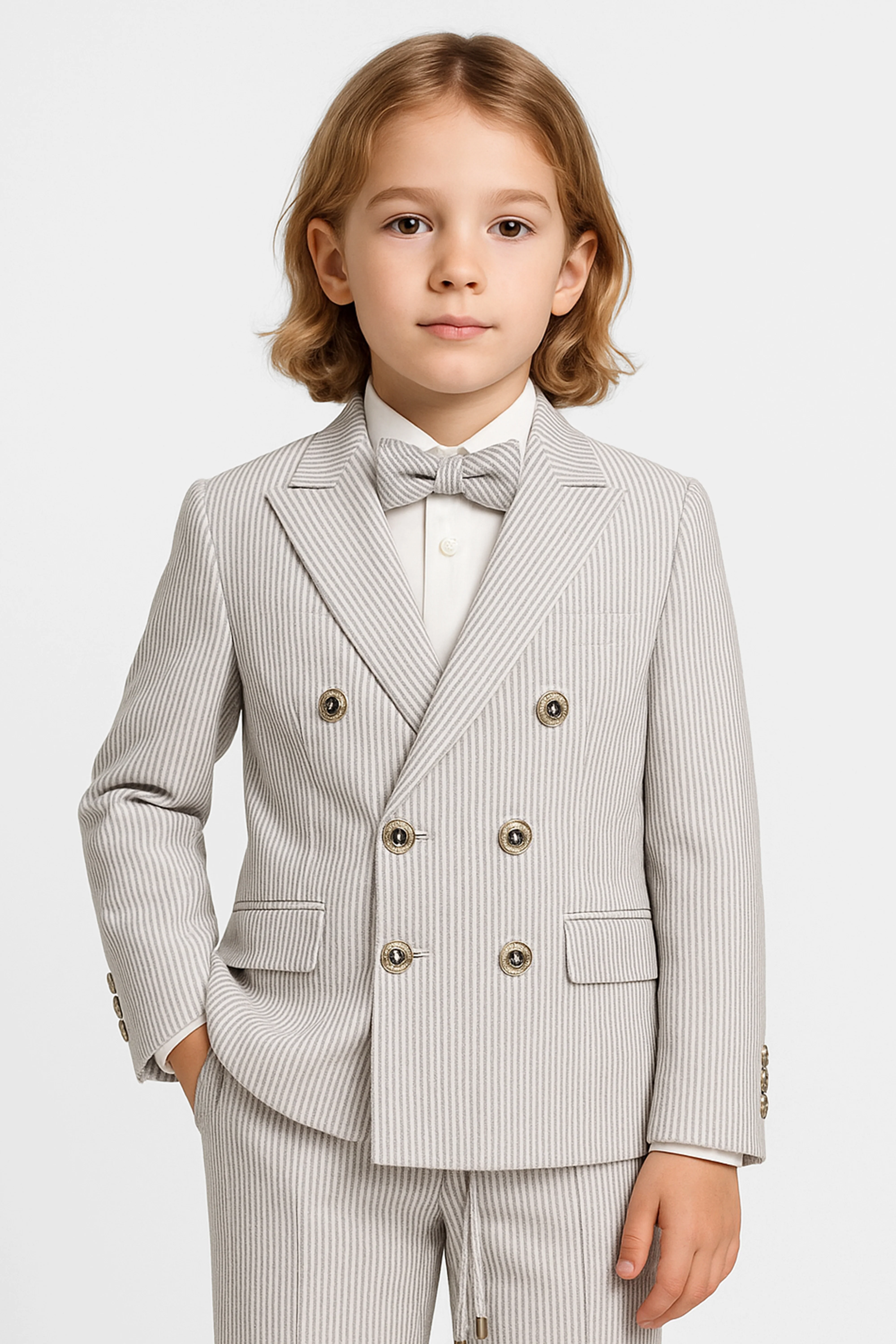 Boys’ 3-Piece Pinstripe Double-Breasted Suit - Light Beige & Grey