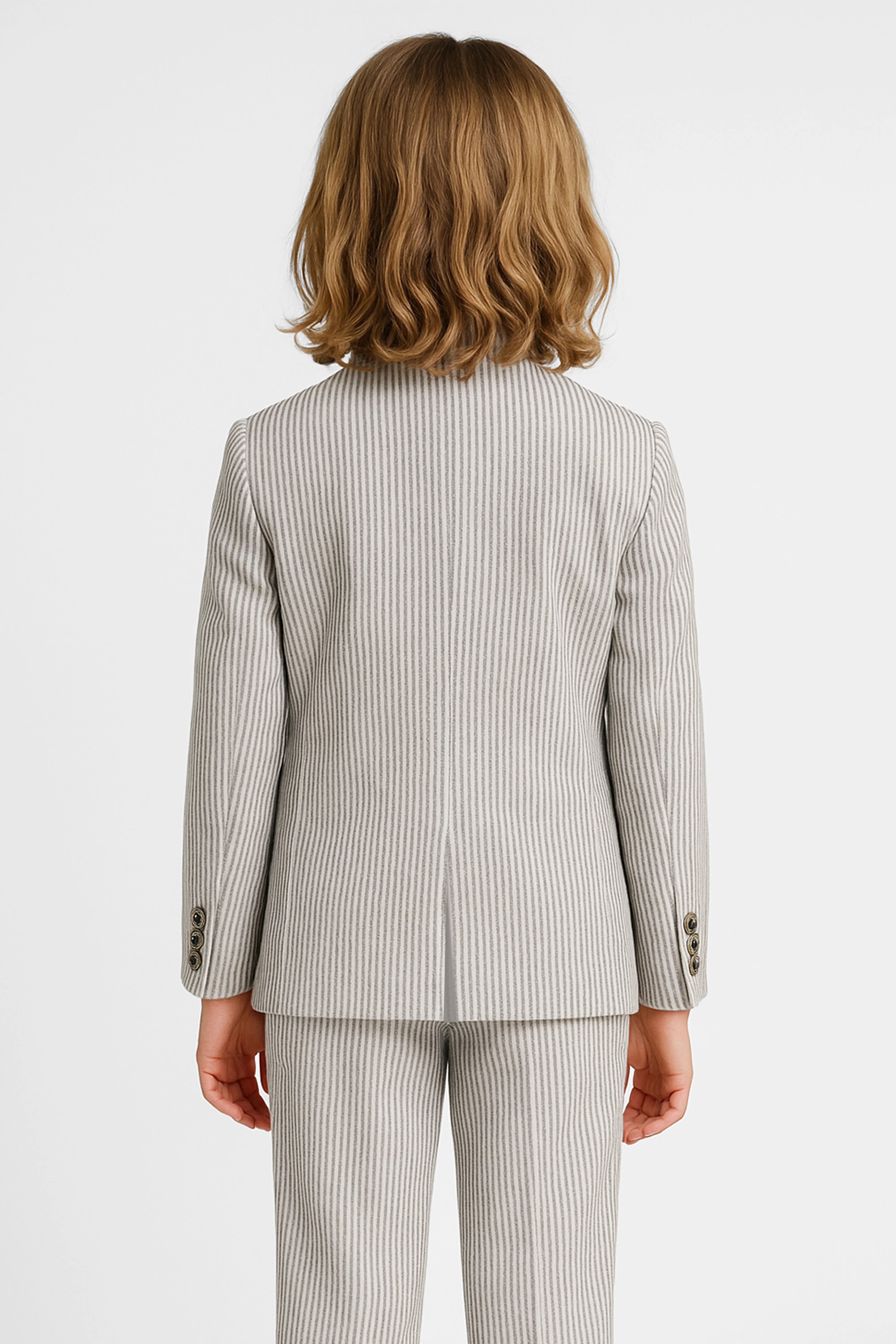 Boys’ 3-Piece Pinstripe Double-Breasted Suit - Light Beige & Grey - Image 2