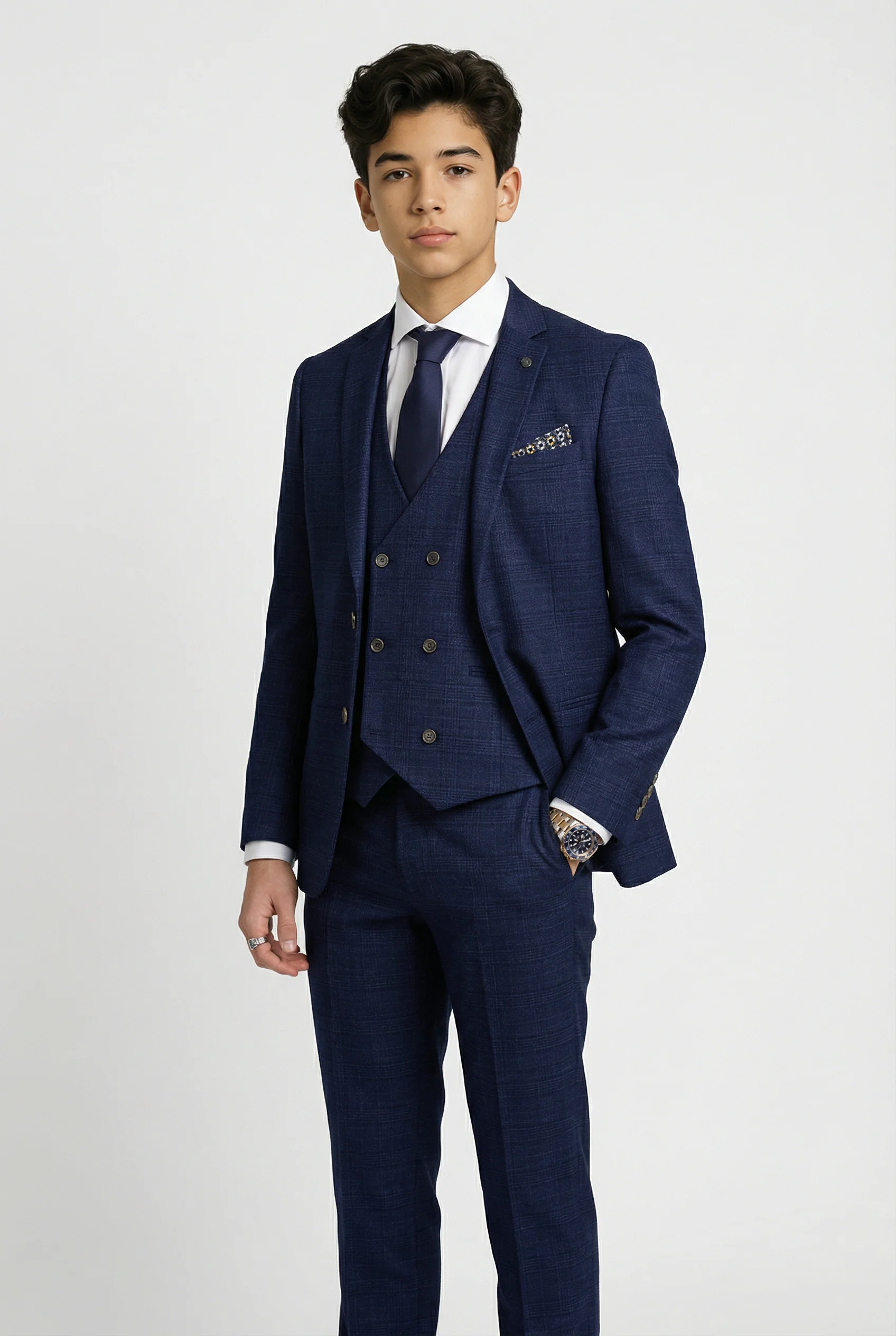 Boys 3-Piece Tweed Like Glen Check Suit - Luis Navy - Image 2