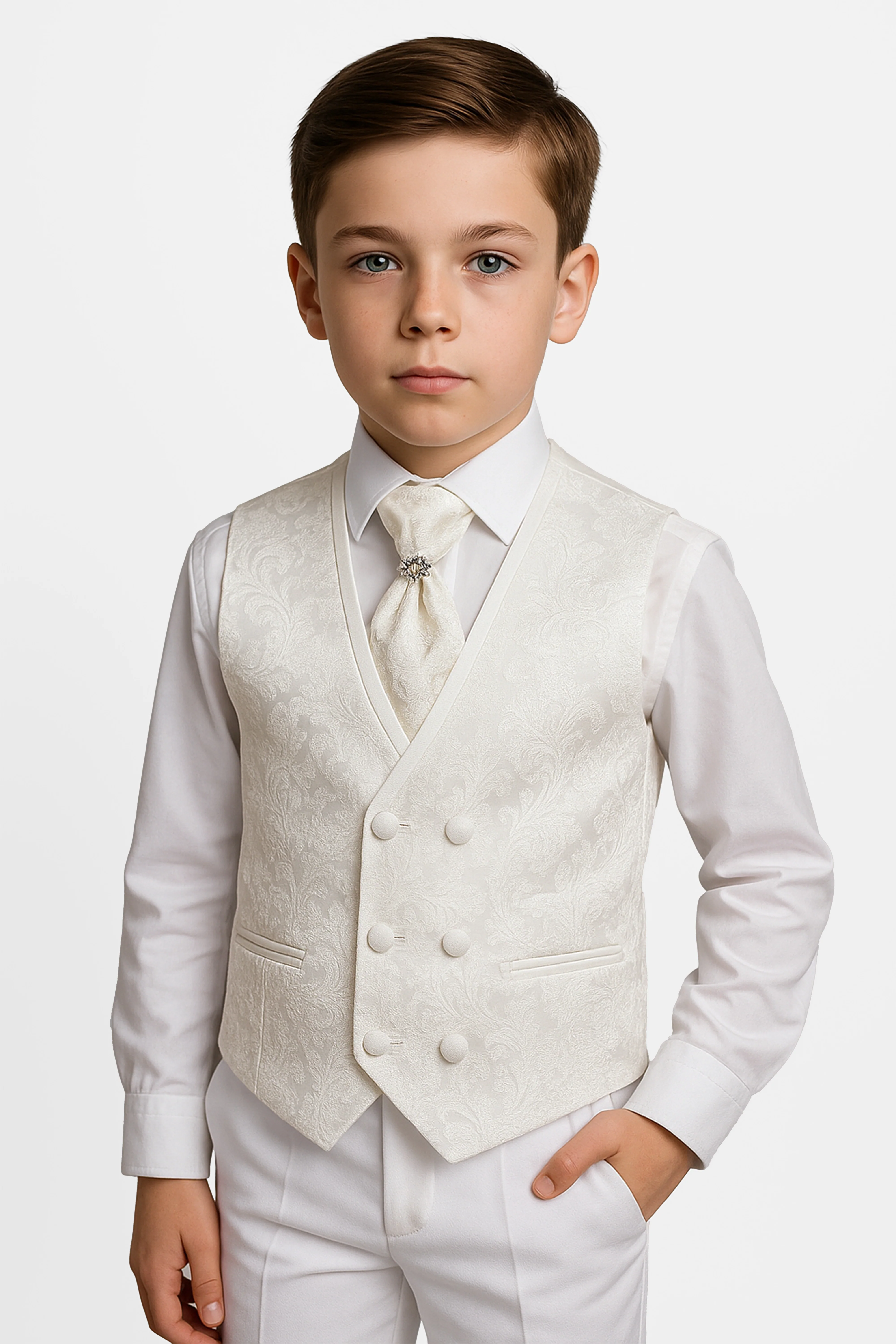 Boys 4-Piece Paisley Jacquard Waistcoat Cravat Set - Ivory