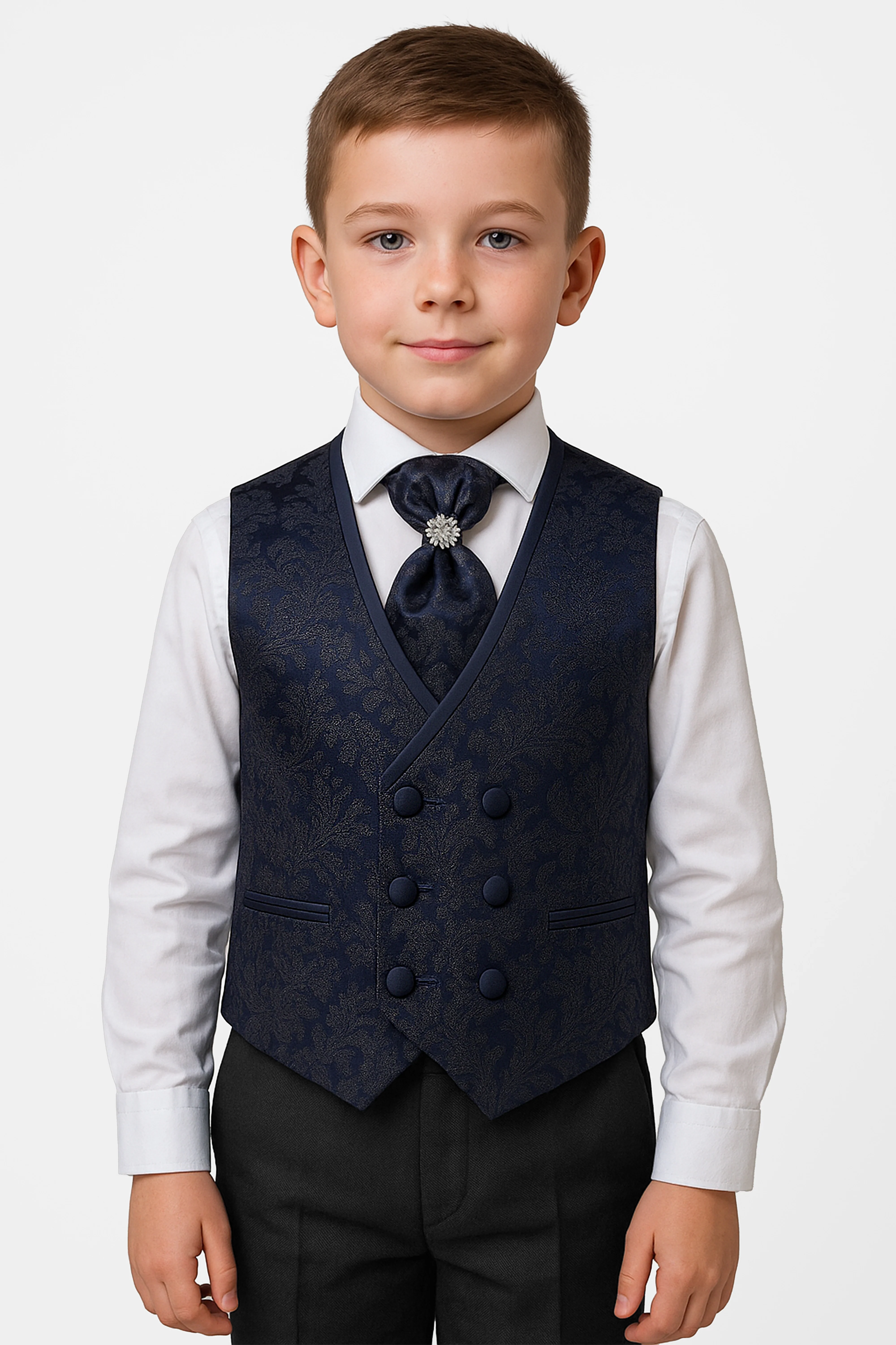 Boys 4-Piece Paisley Jacquard Waistcoat Cravat Set - Navy