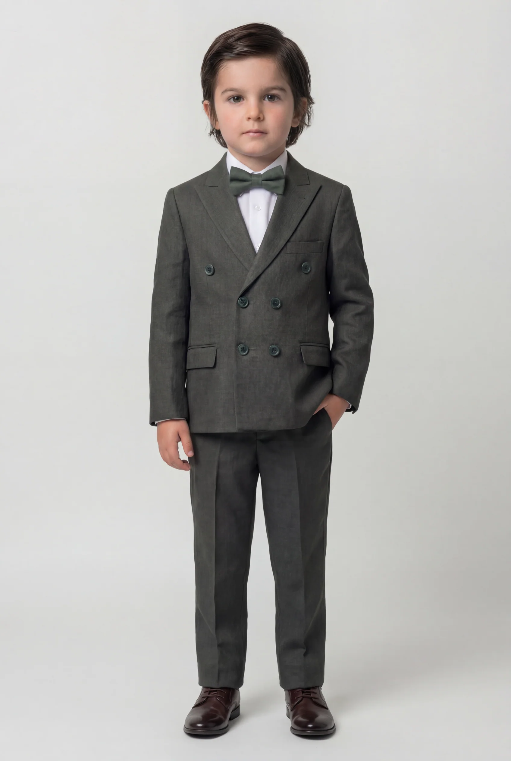 Boys 4-Piece Slim Fit Double Breasted Suit Set - Dark Green - Image 3