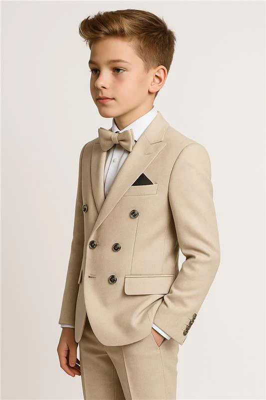 Boys’ 4-Piece Textured Double Breasted Formal Suit - Montero Cream - Image 2