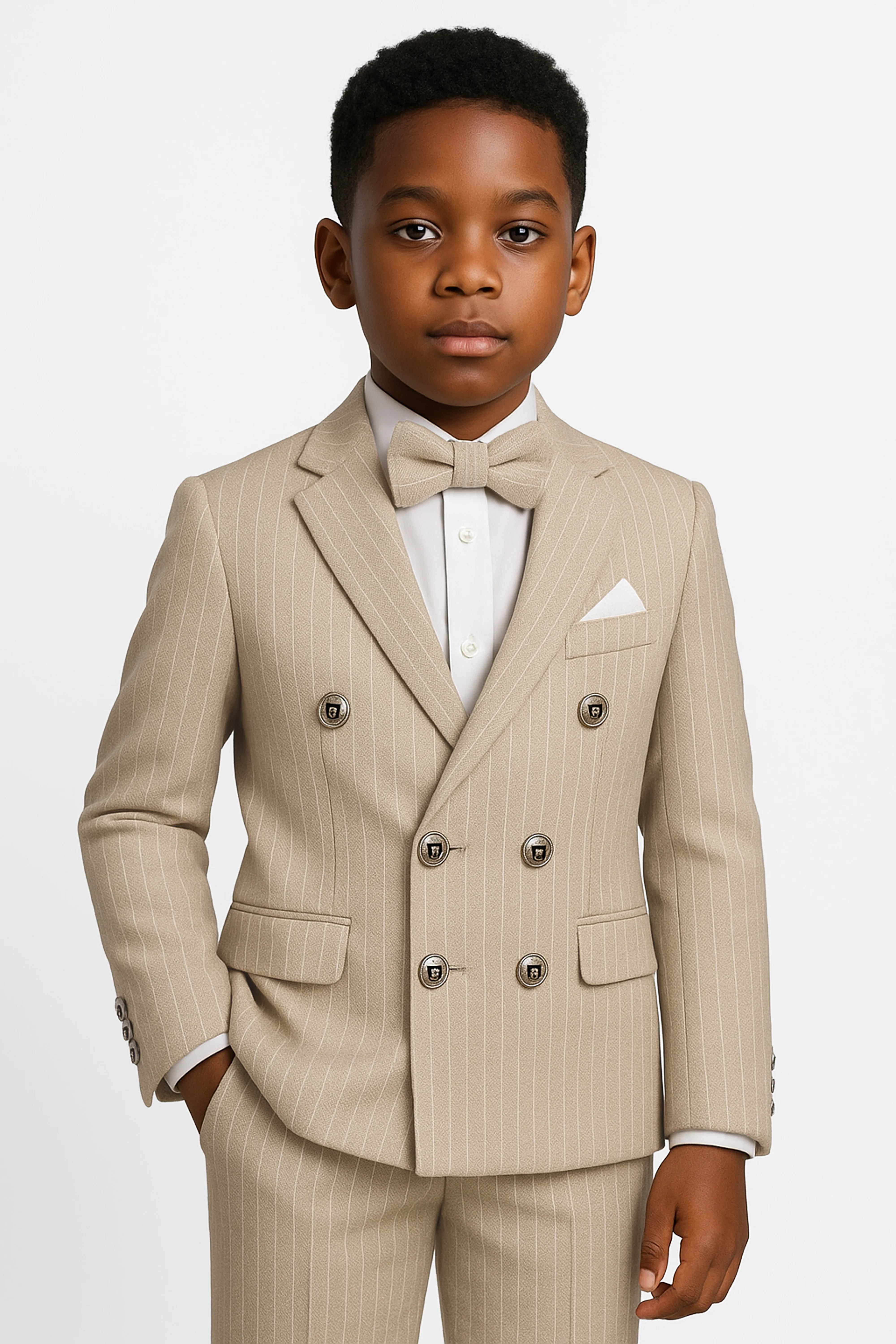 Boys’ 4-Piece Textured Pinstripe Double-Breasted Suit - Camel Beige