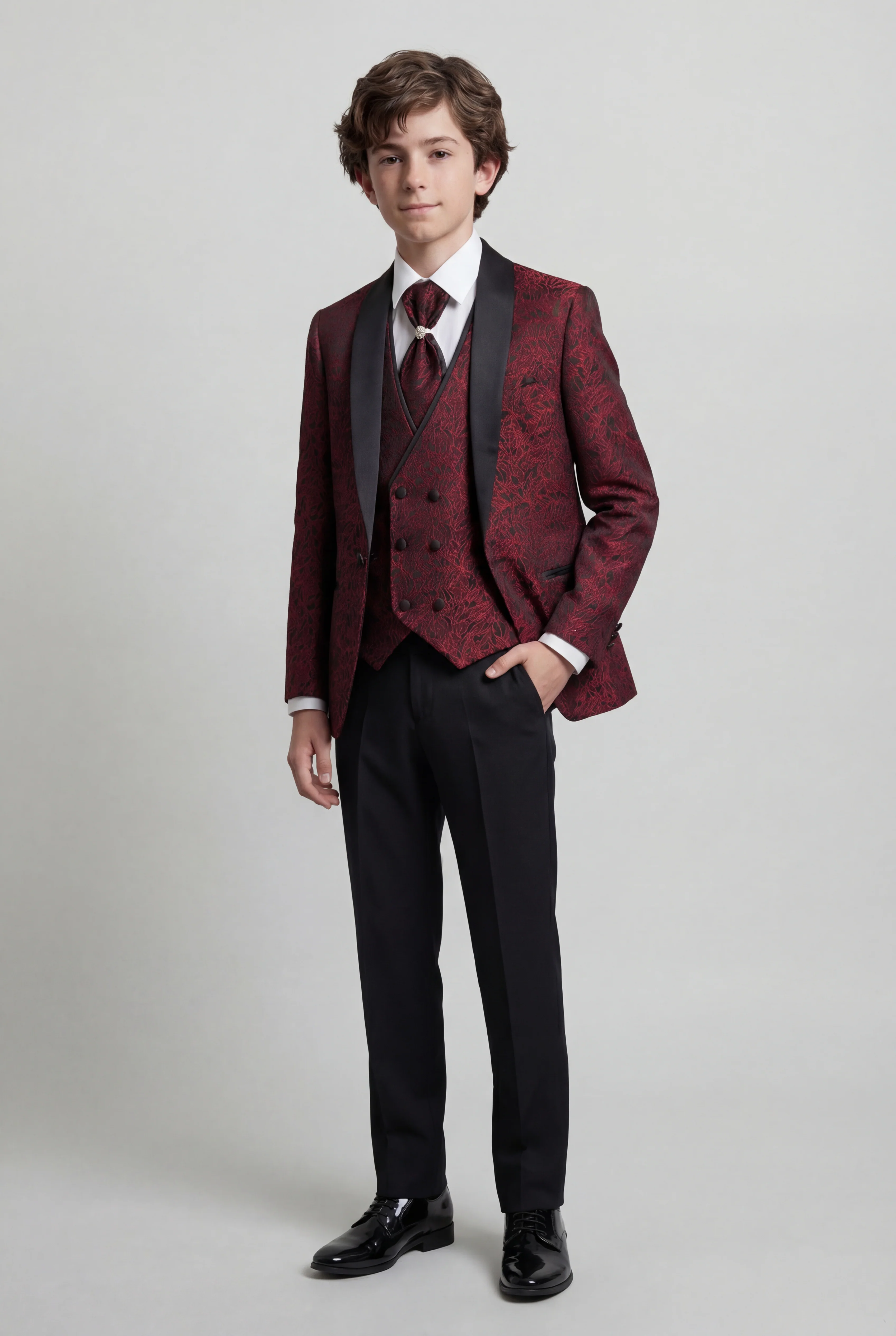 Boys 5-Piece Burgundy Jacquard Tuxedo Suit - Image 2