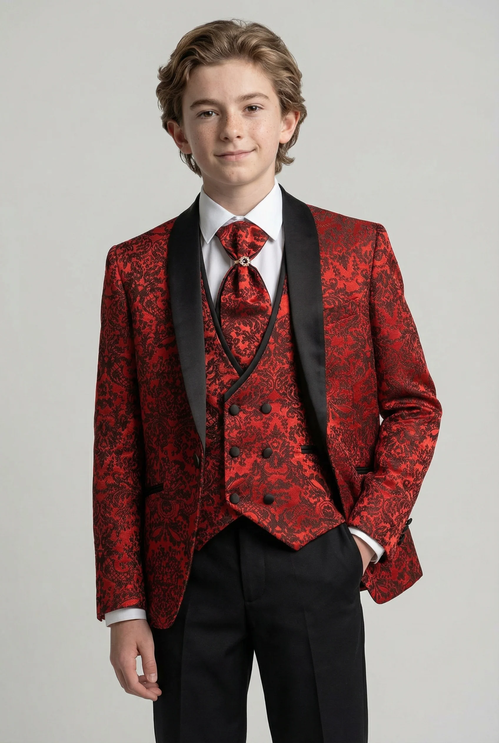 Boys 5-Piece Floral Jacquard Tuxedo Suit with Double Breasted Waistcoat - Red