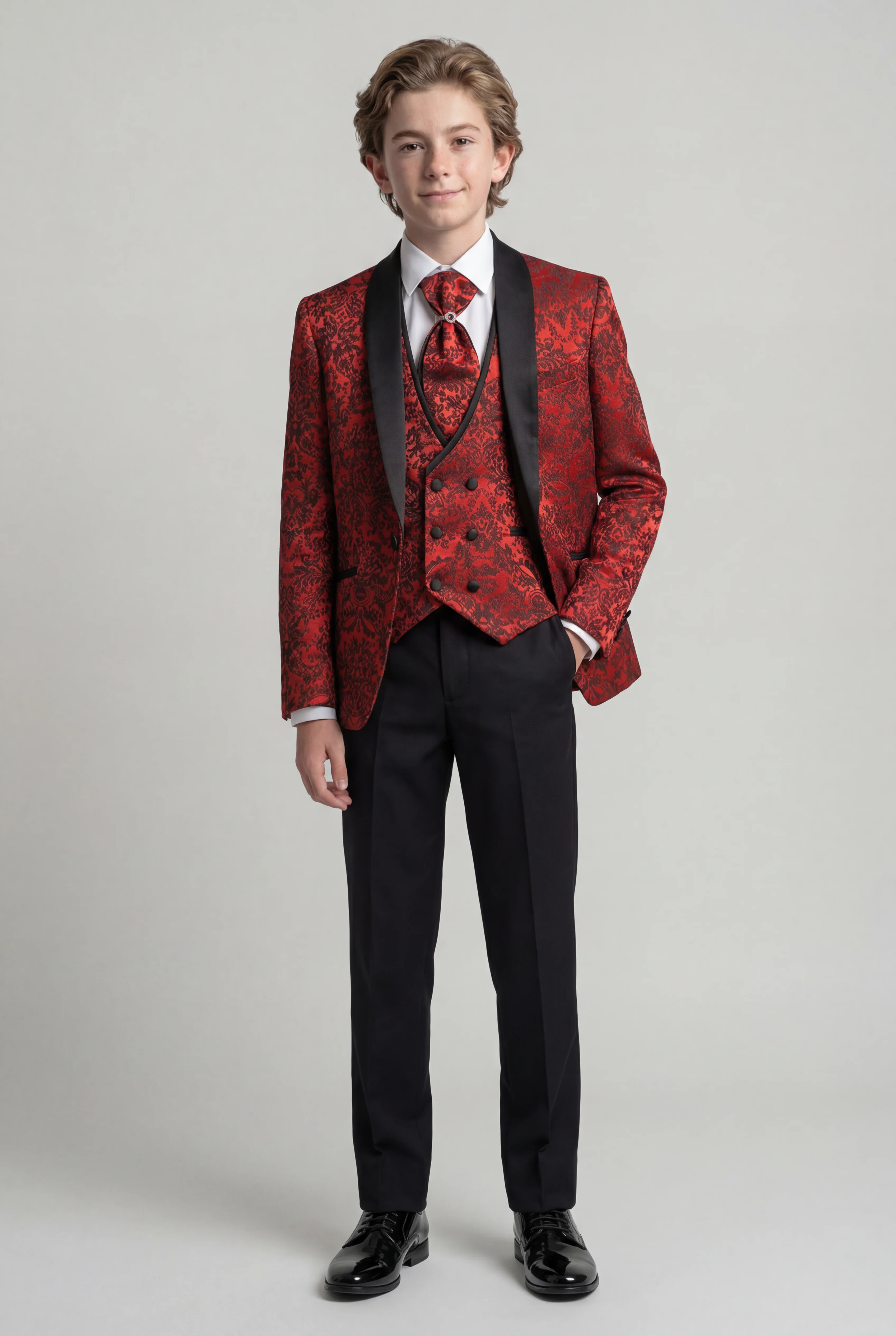 Boys 5-Piece Floral Jacquard Tuxedo Suit with Double Breasted Waistcoat - Red - Image 2
