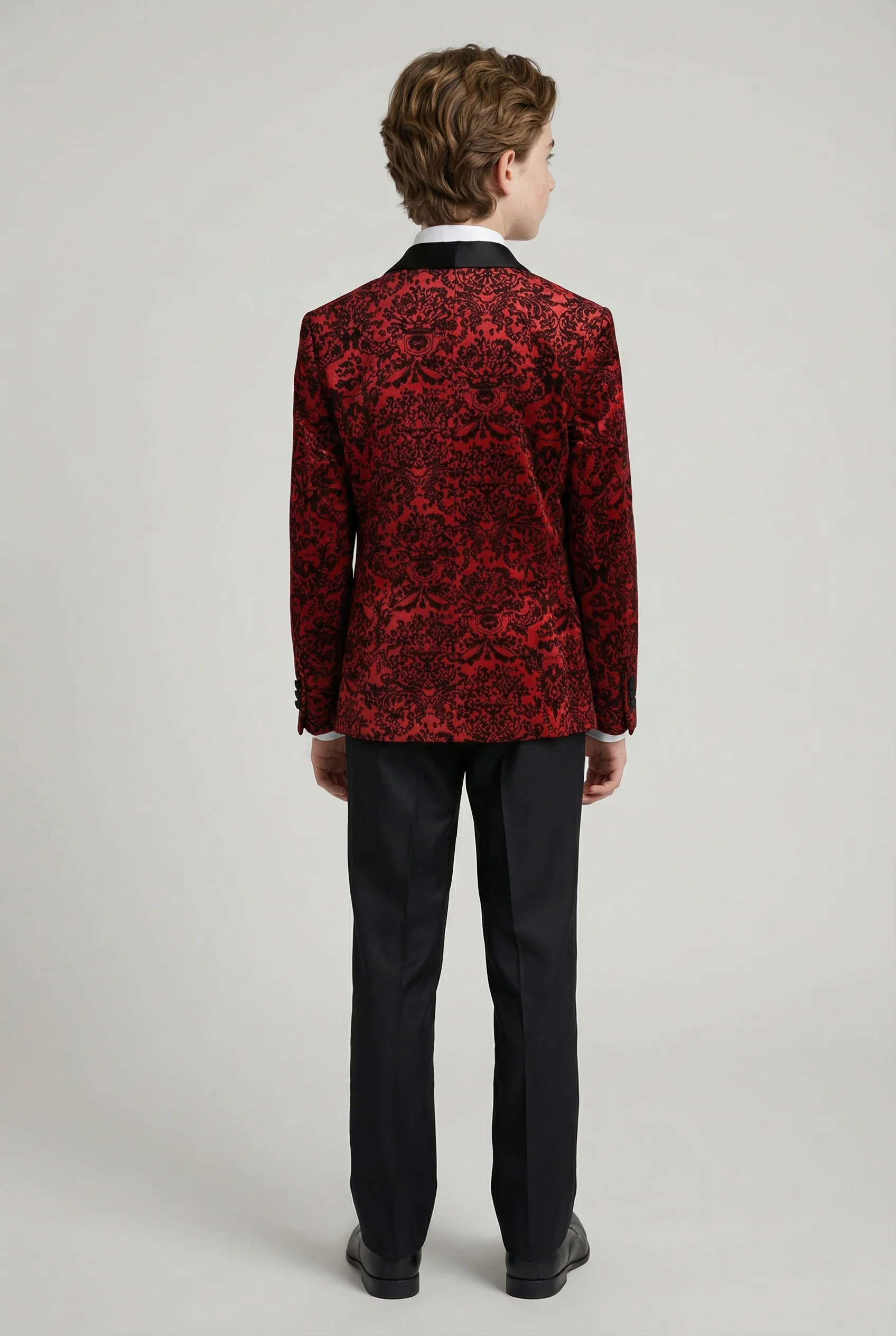 Boys 5-Piece Floral Jacquard Tuxedo Suit with Double Breasted Waistcoat - Red - Image 4