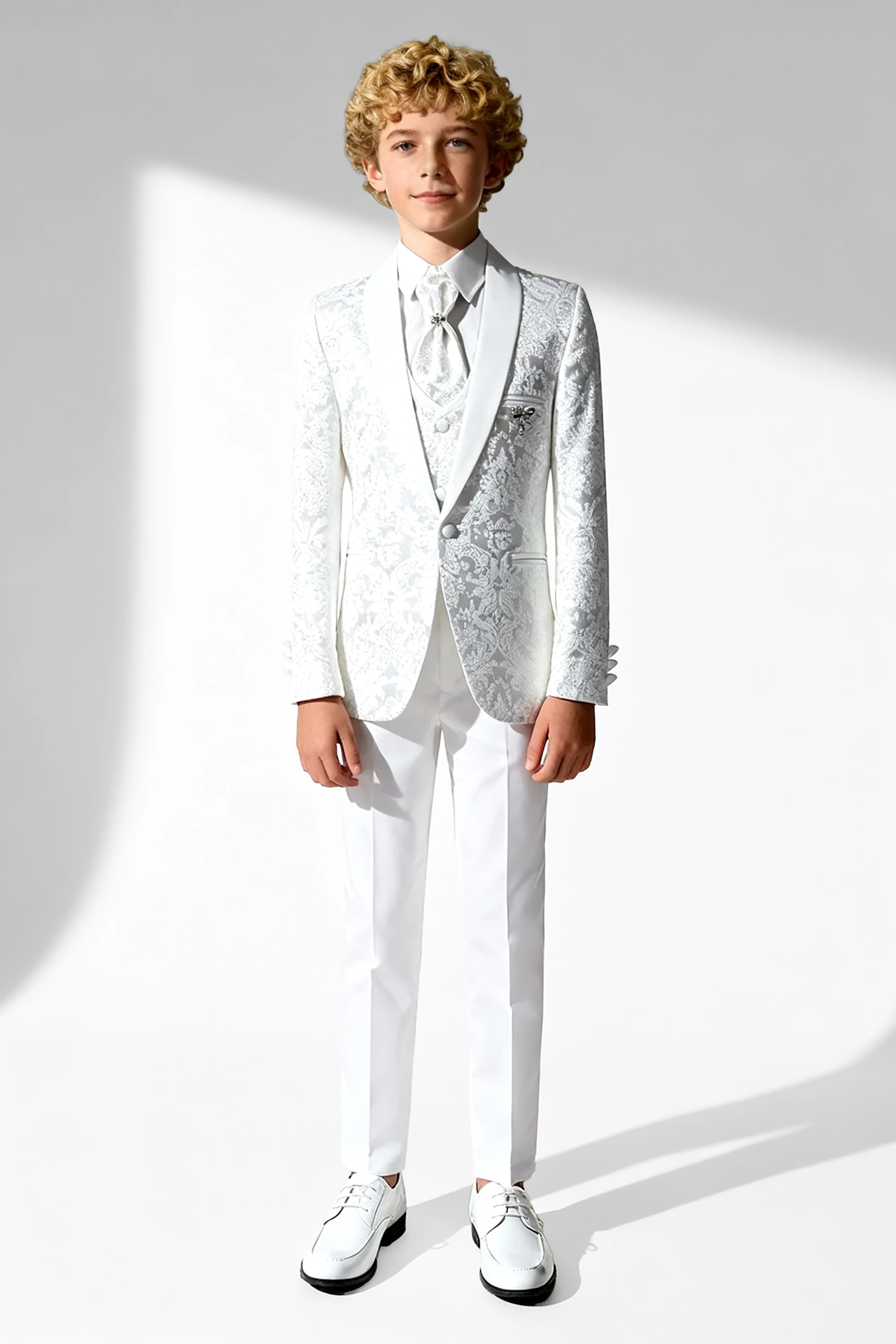 Boys 5-Piece Paisley Jacquard Communion Tuxedo Suit - White - Image 2