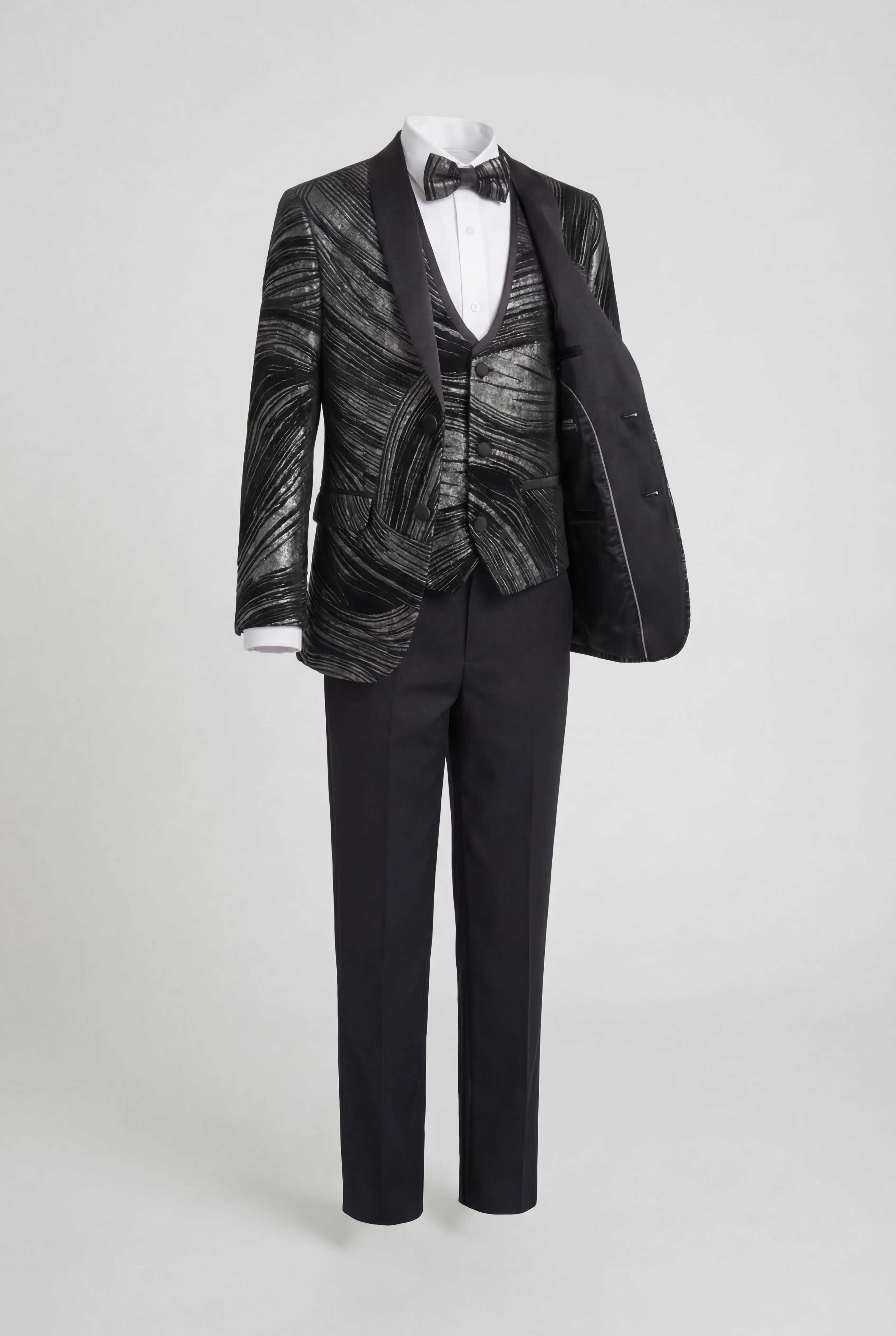 Boys 5-Piece Metallic Jacquard Tuxedo Suit - Black and Silver - Image 6
