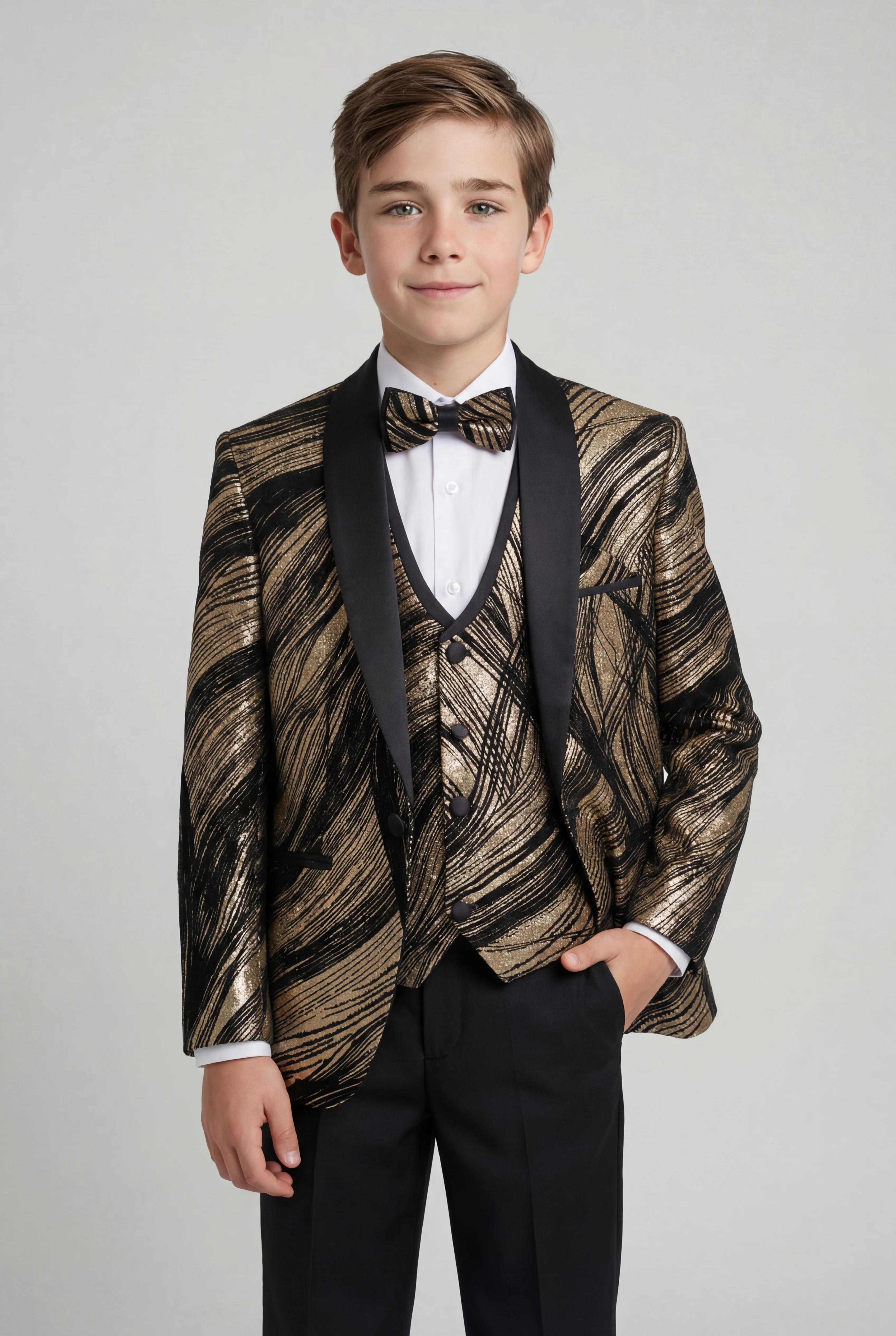 Boys 5-Piece Metallic Jacquard Tuxedo Suit - Gold
