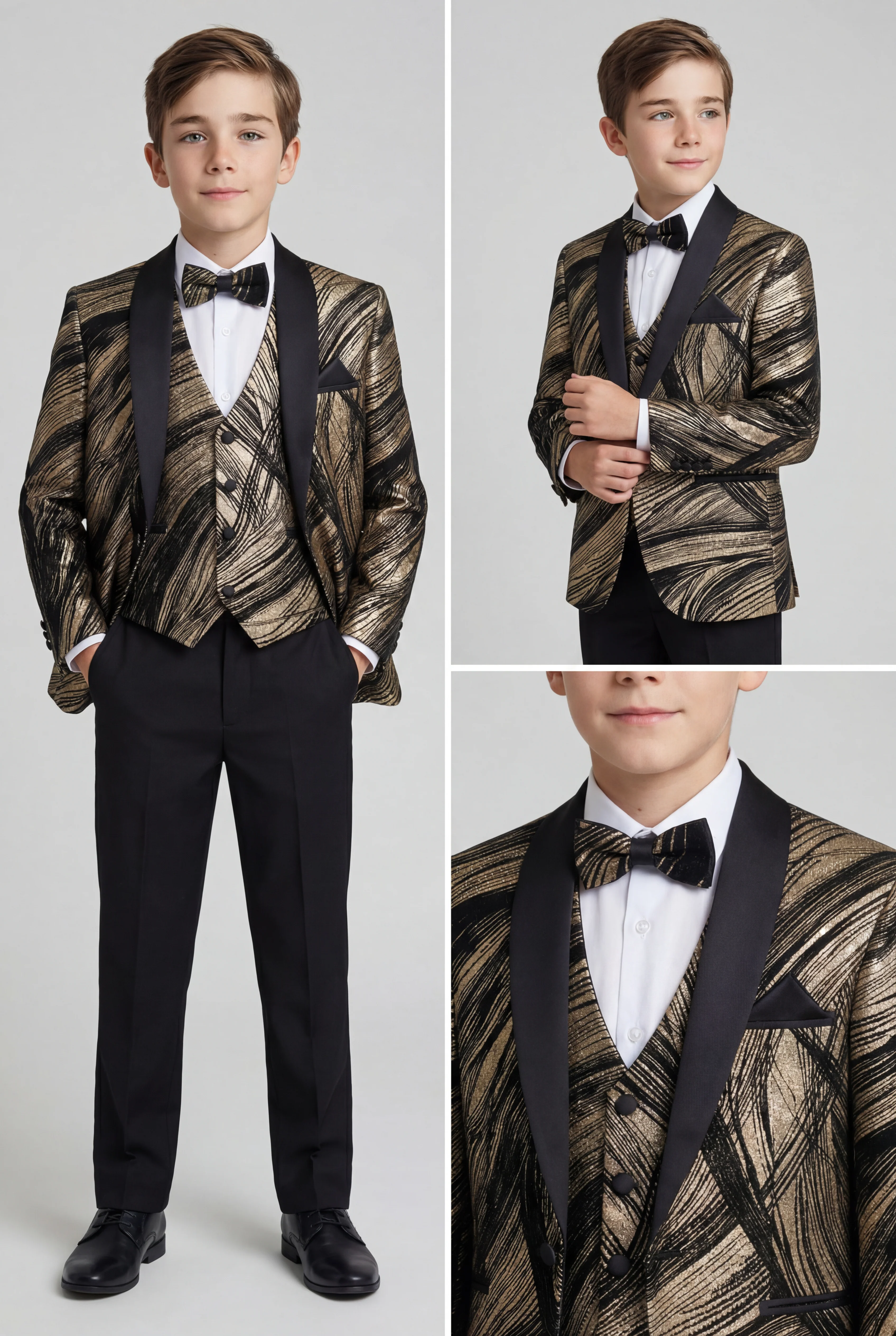 Boys 5-Piece Metallic Jacquard Tuxedo Suit - Gold - Image 5
