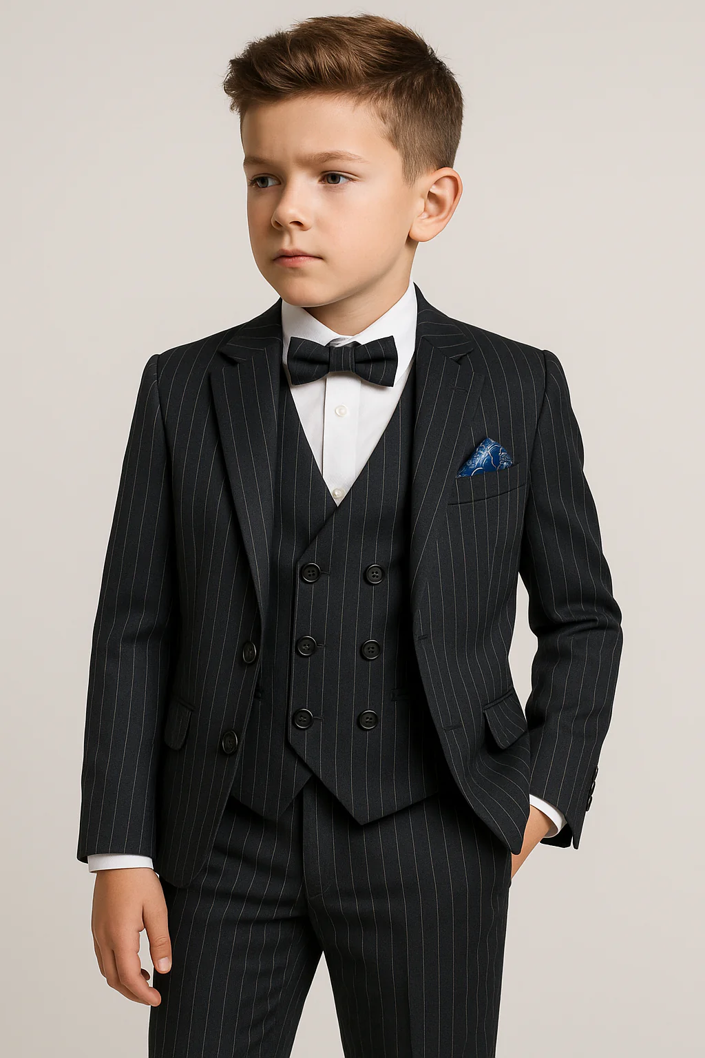 Boys 5-Piece Pinstripe Suit with Double-Breasted Waistcoat - Verona - Black