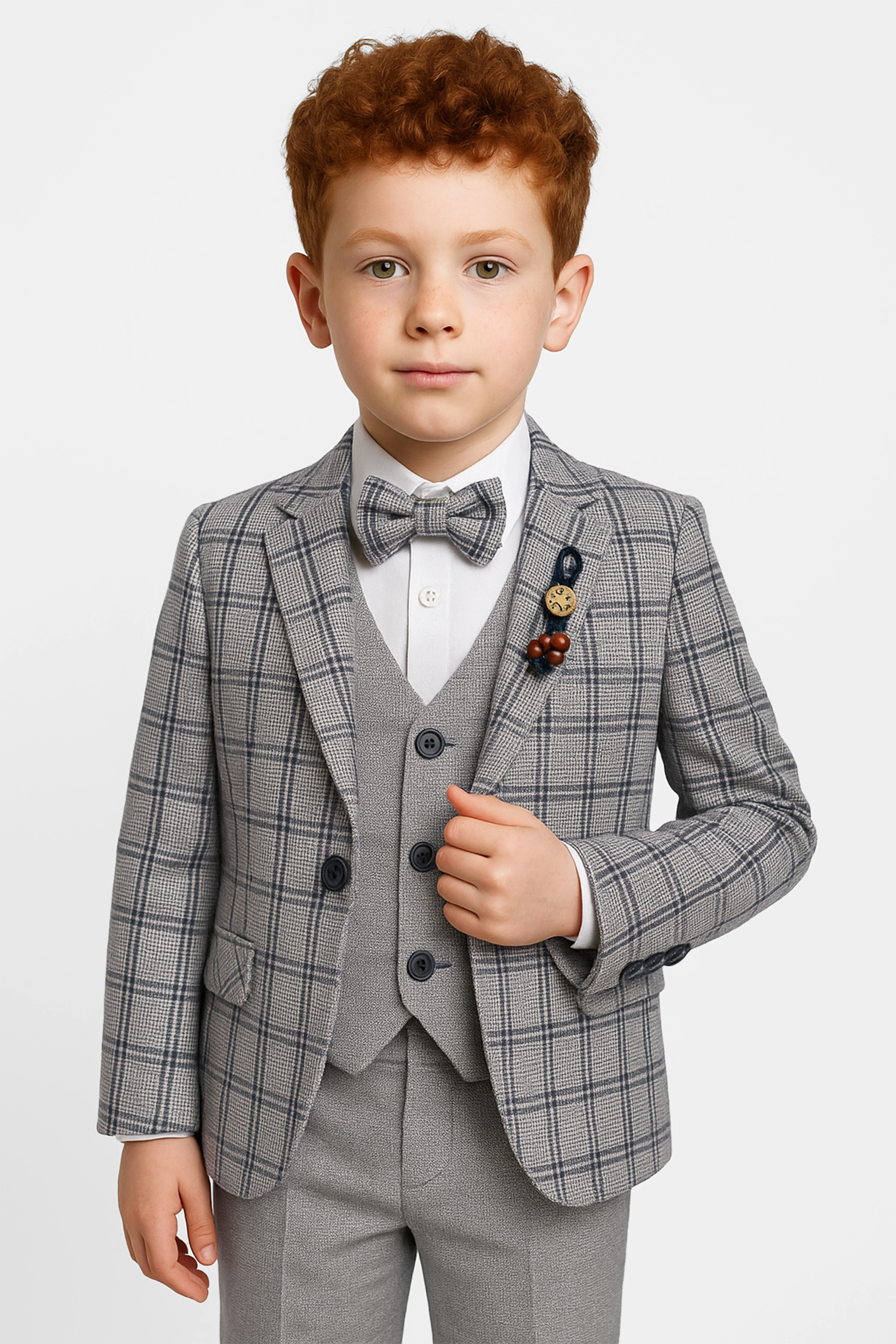 Boys 5-Piece Slim Fit Windowpane Check Suit - Ekose - ASH GREY & BLACK