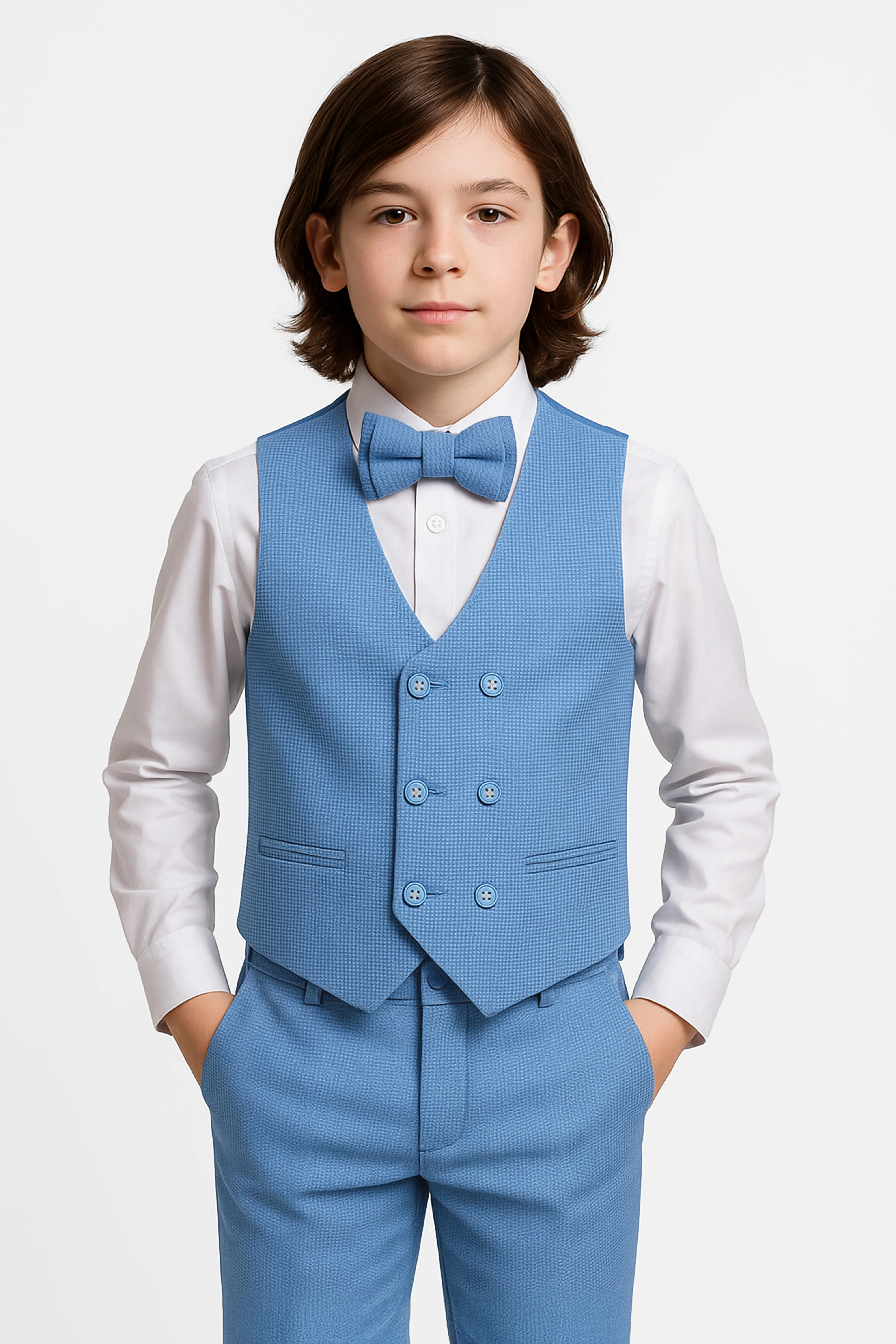 Boys' 5-Piece Textured Double Breasted Waistcoat Suit - MATRIX - Baby Blue