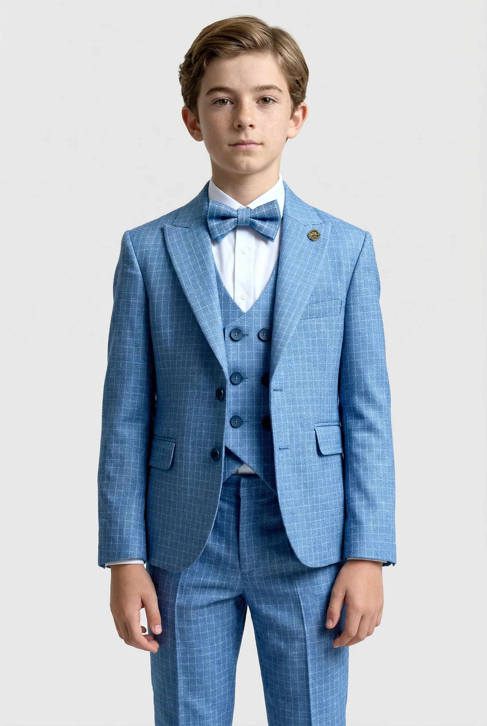 Boys 5-Piece Textured Micro Check Suit - KARELI - Blue