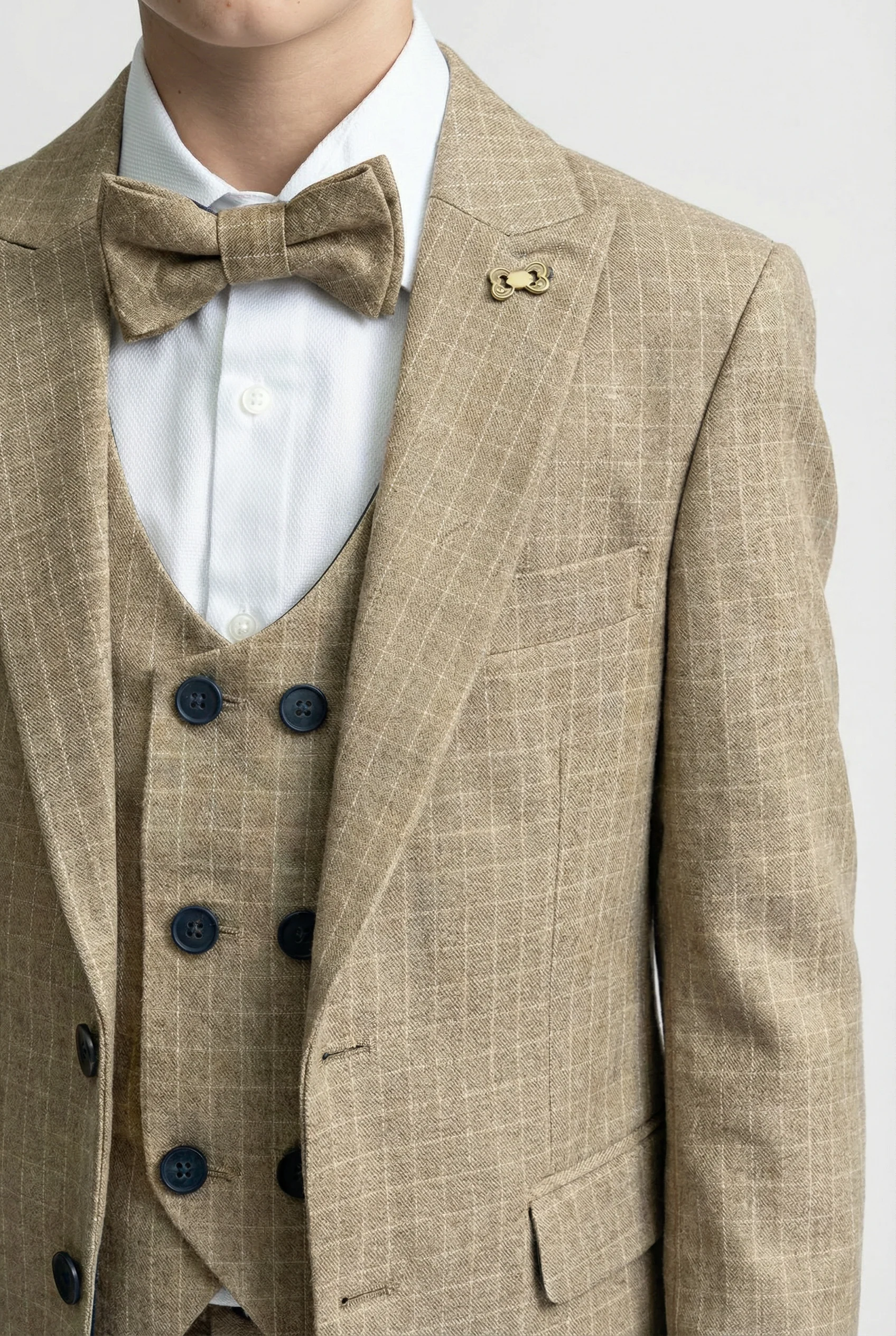 Boys 5-Piece Textured Micro Check Suit - KARELI - Camel Beige - Image 3