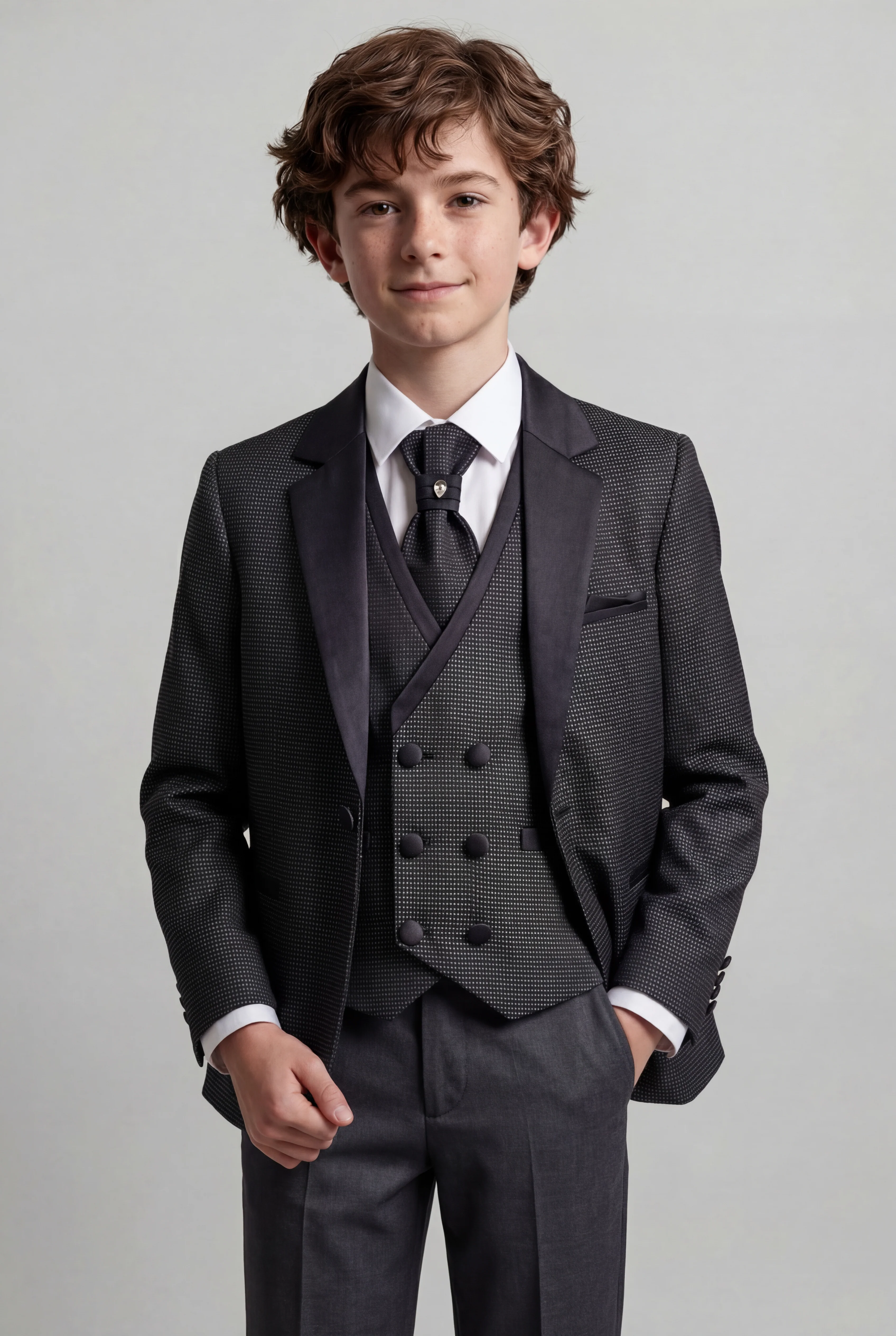 Boys 5-Piece Textured Microcheck Suit - Grey