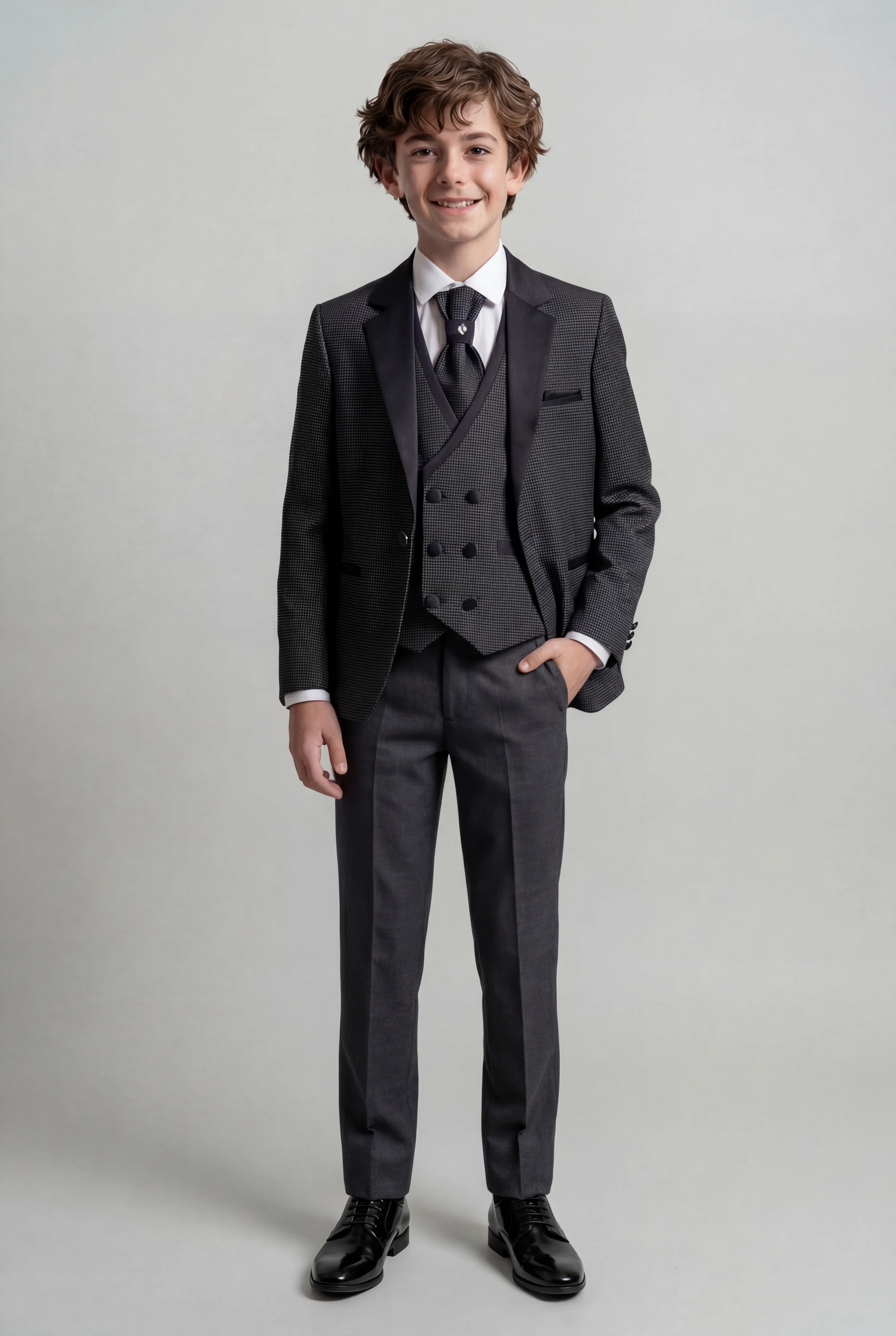 Boys 5-Piece Textured Microcheck Suit - Grey - Image 2