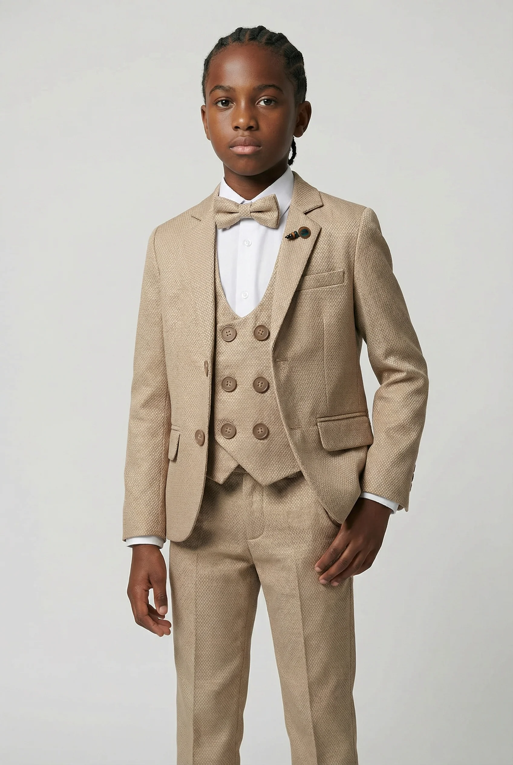 Boys 5-Piece Textured Weave Suit with Double Breasted Waistcoat - Light Brown - Image 3