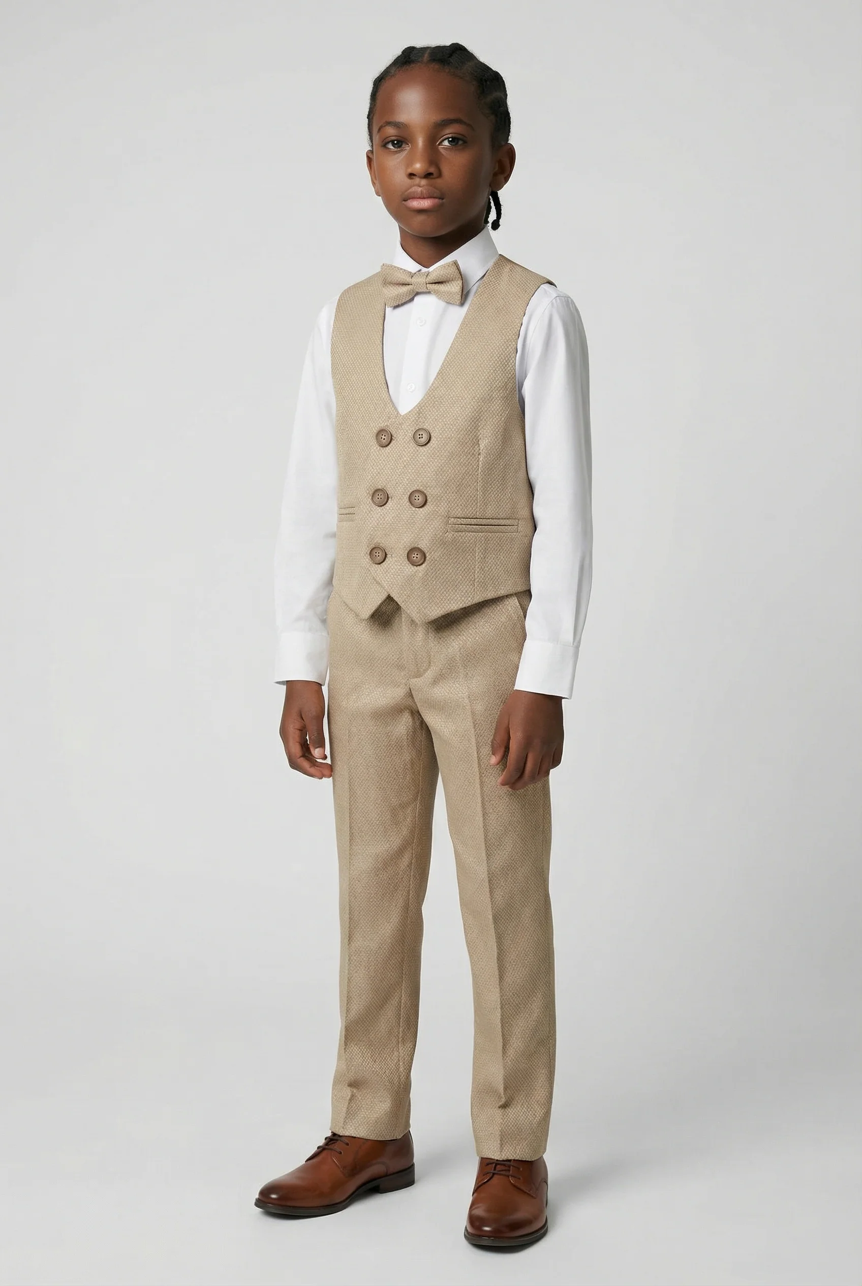 Boys 5-Piece Textured Weave Suit with Double Breasted Waistcoat - Light Brown - Image 4