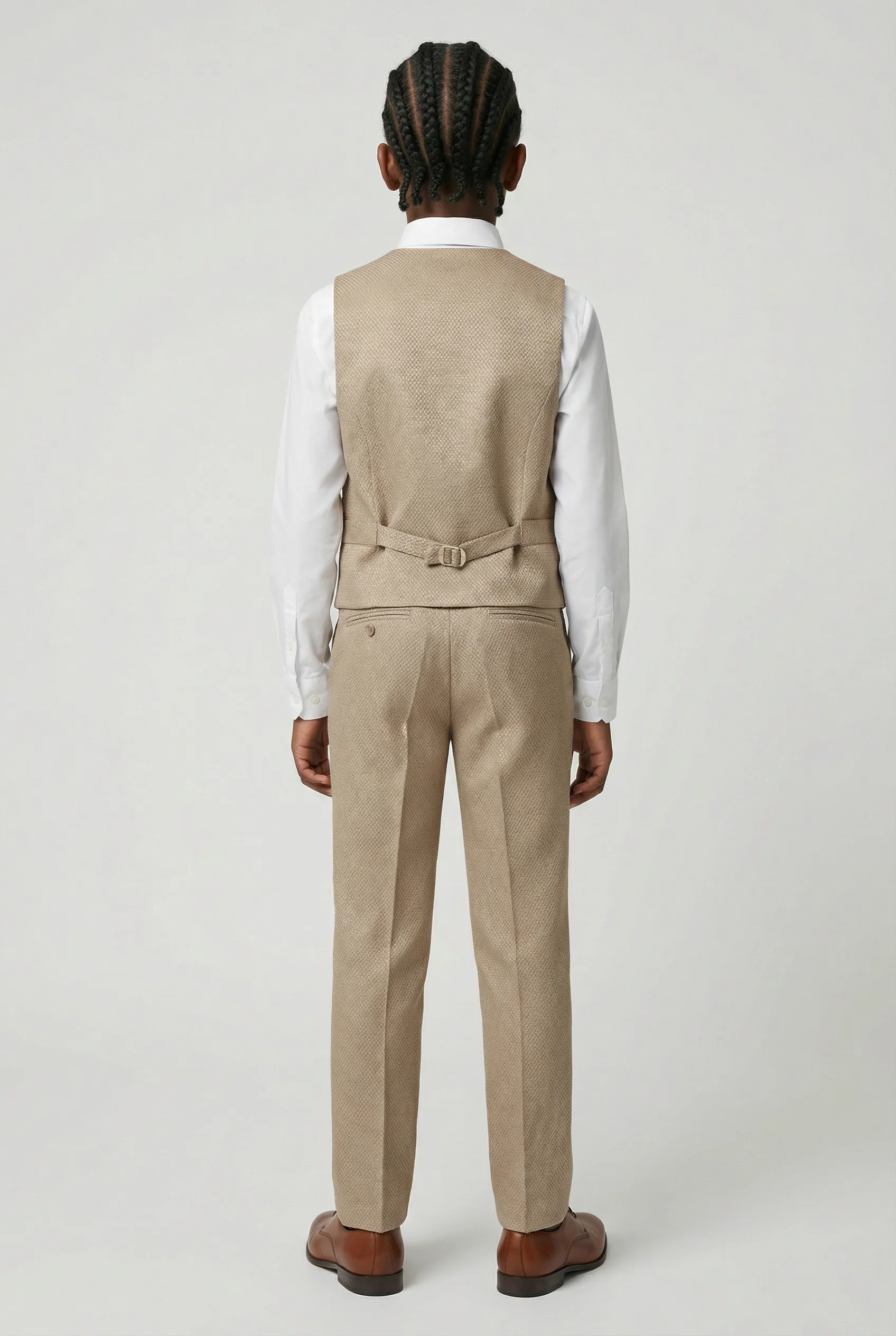 Boys 5-Piece Textured Weave Suit with Double Breasted Waistcoat - Light Brown - Image 5