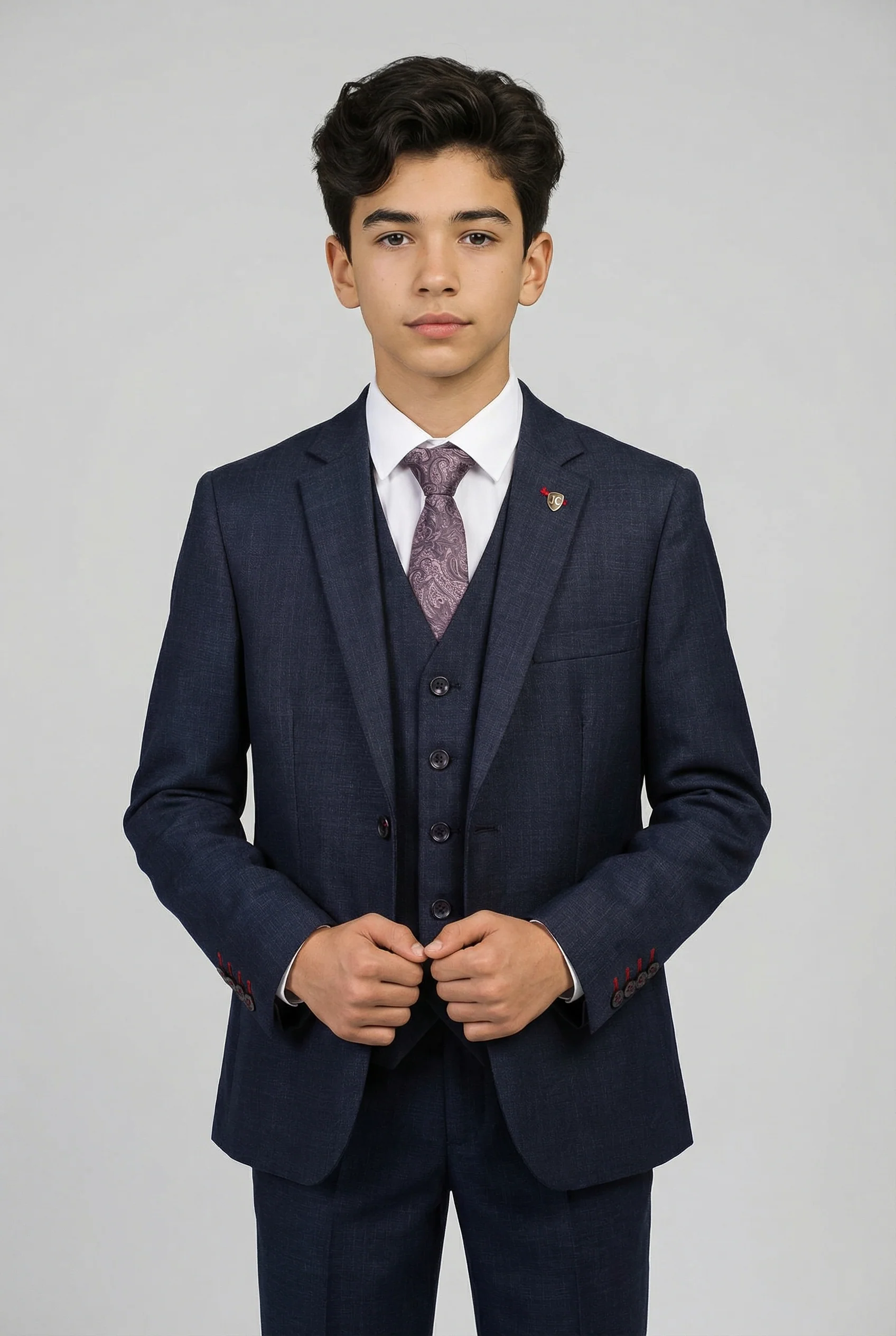 Boys 5-Piece Textured Weave Tailored Fit Suit - LORENZO - Navy Blue
