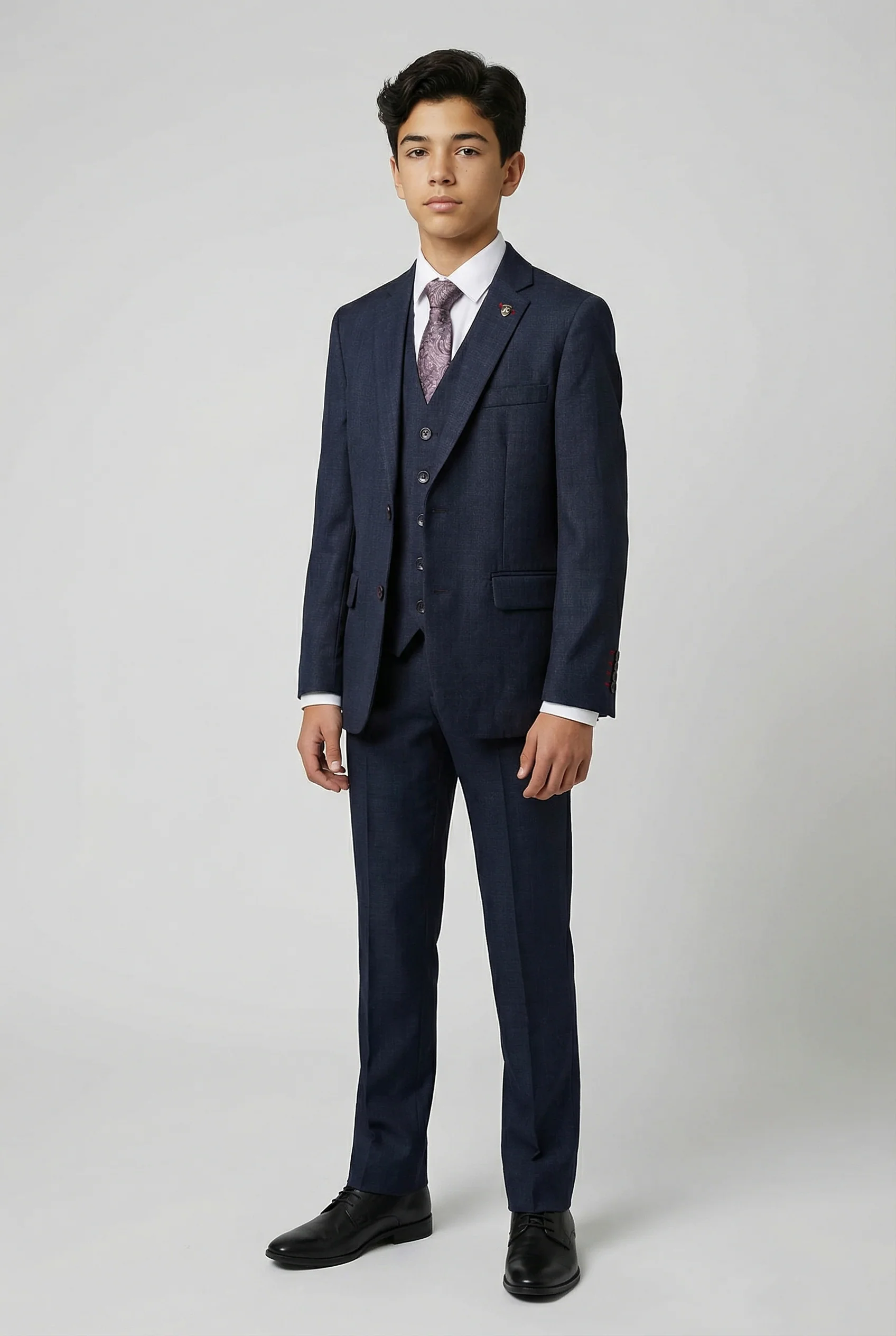 Boys 5-Piece Textured Weave Tailored Fit Suit - LORENZO - Navy Blue - Image 3