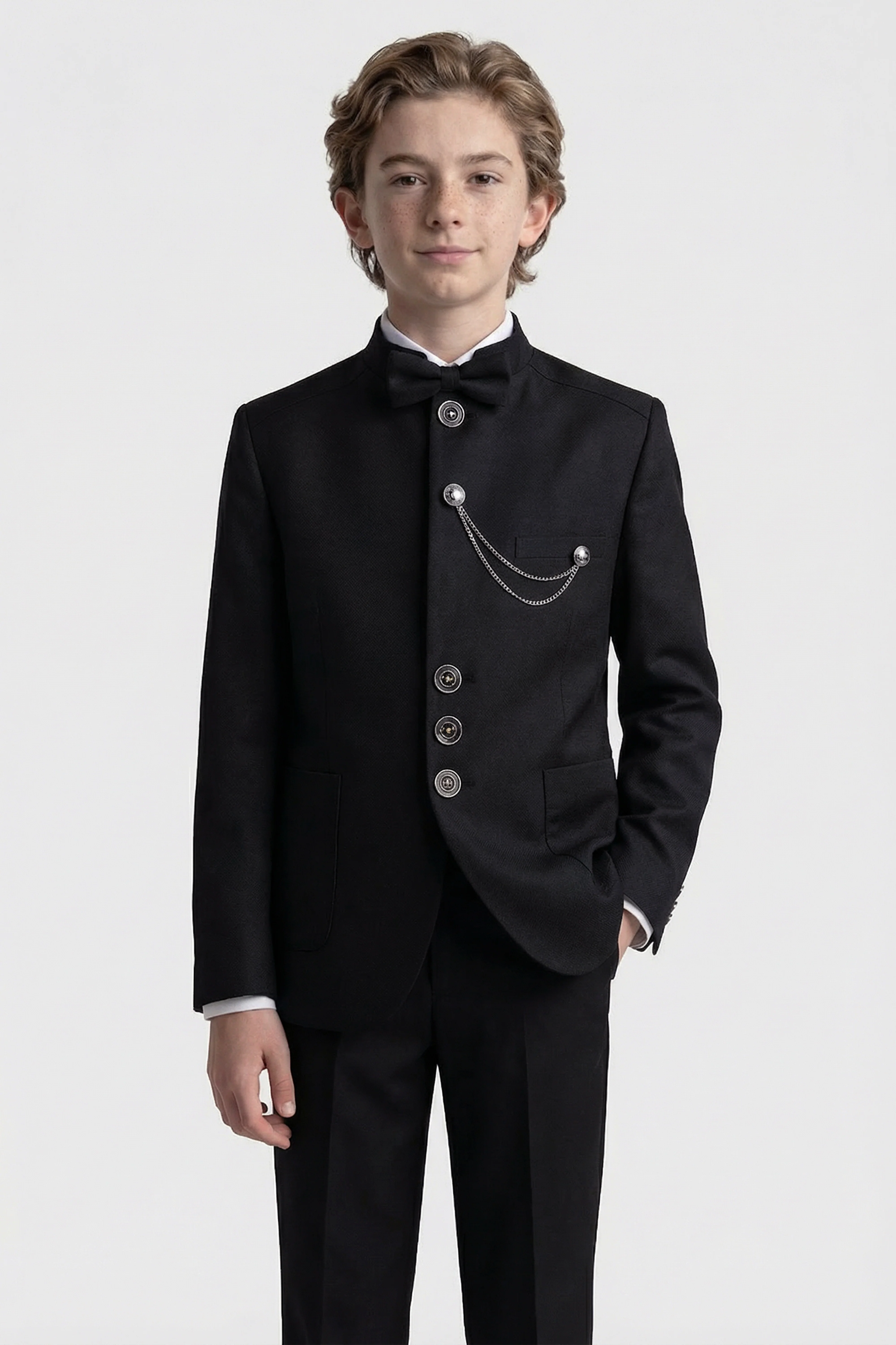 Boys’ 6-Piece Formal Ottoman Suit with Mandarin Collar - Black - Image 2