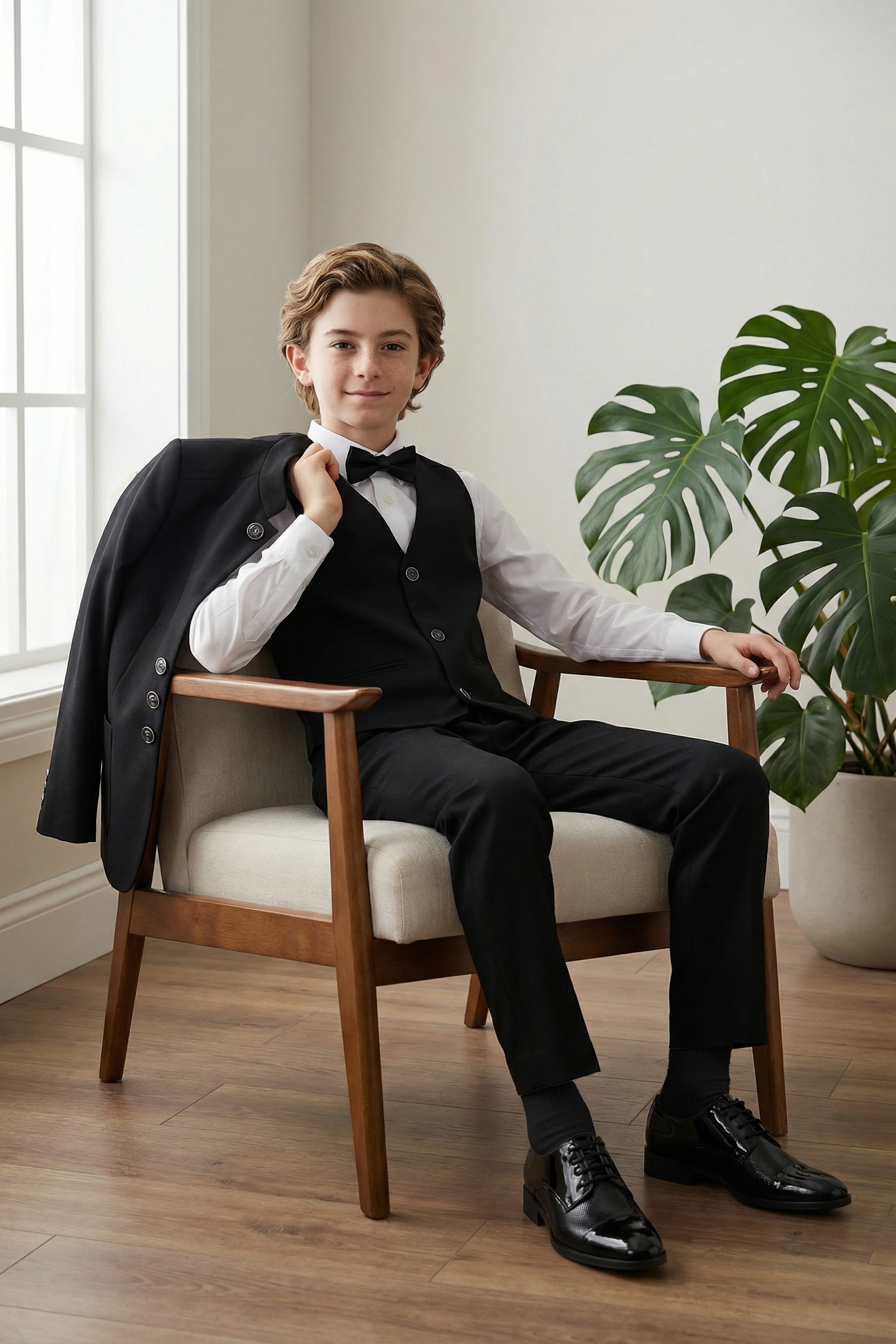 Boys’ 6-Piece Formal Ottoman Suit with Mandarin Collar - Black - Image 6
