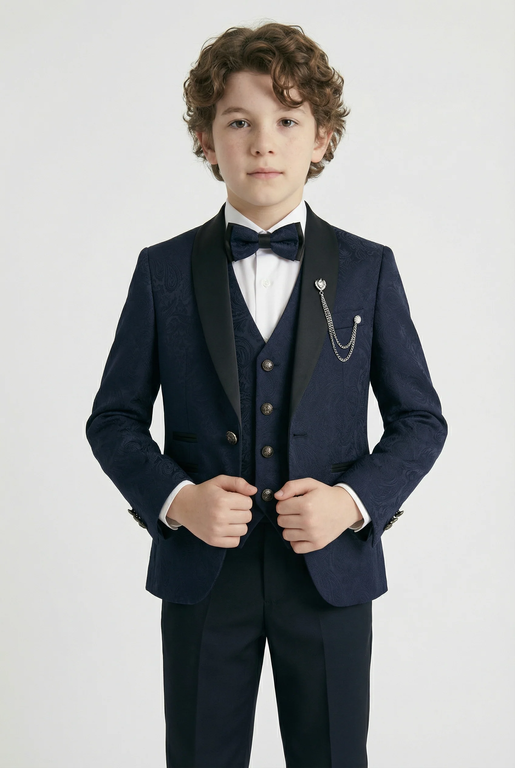 Boys’ 6-Piece Jacquard Paisley Tuxedo Suit - Navy
